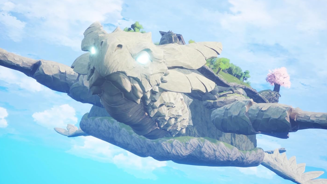 Eine riesige steinerne Schildkröte mit leuchtenden Augen fliegt durch den blauen Himmel über einer grünen Landschaft.
