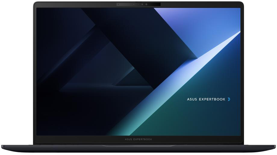 Egy ASUS ExpertBook laptop sötét, absztrakt háttérképet mutat kék és zöld kiemelésekkel.