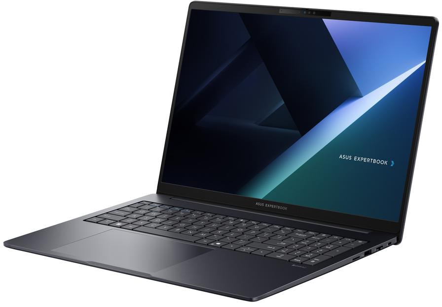 Egy nyitott, sötétkék Asus ExpertBook laptop látható fehér háttérben, világító képernyővel.