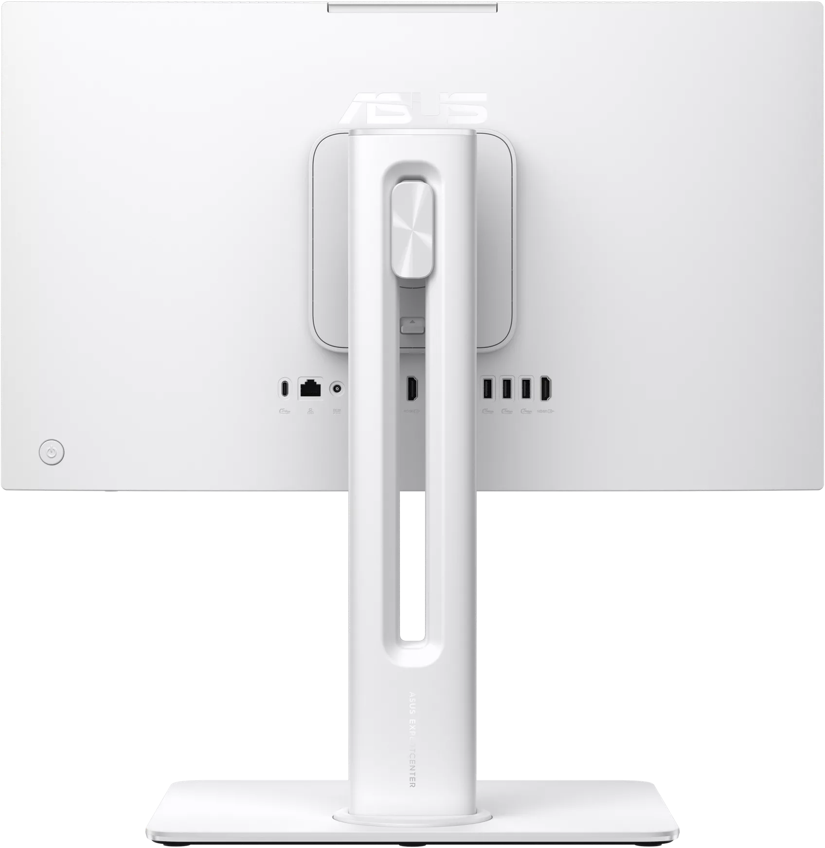 Egy fehér színű ASUS all-in-one számítógép hátulja állvánnyal, portokkal és ezüst logóval, fekete háttérrel.
