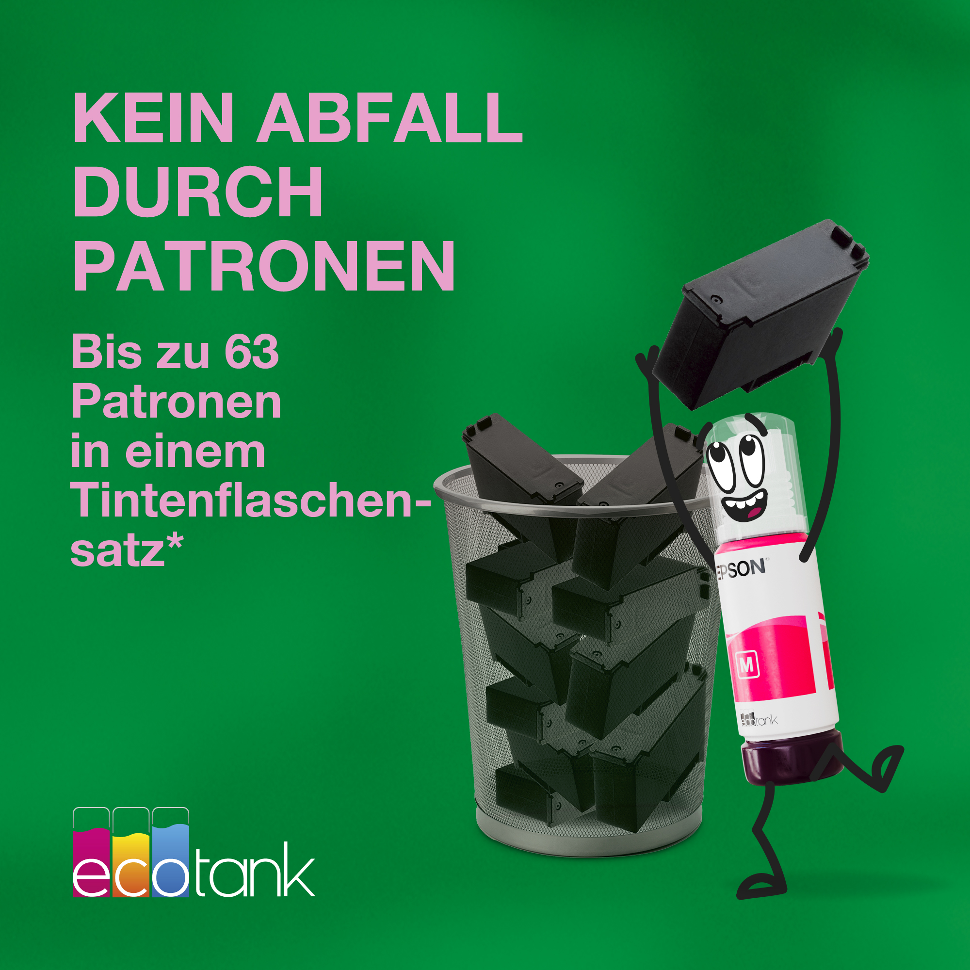 Ein animierter Tintenflaschen-Charakter wirft schwarze Druckerpatronen in einen Mülleimer vor grünem Hintergrund.