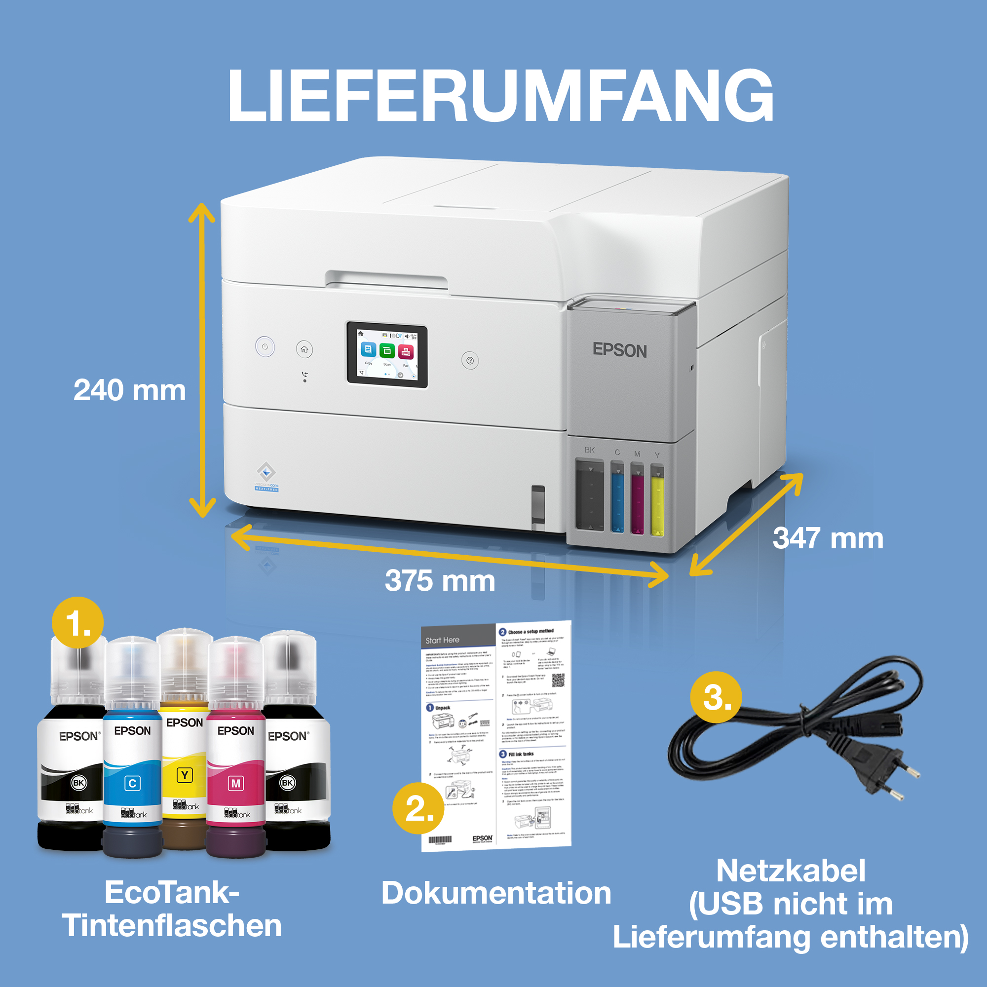 Epson EcoTank Drucker mit Maßen, Tintenflaschen, Dokumentation und Netzkabel vor blauem Hintergrund.