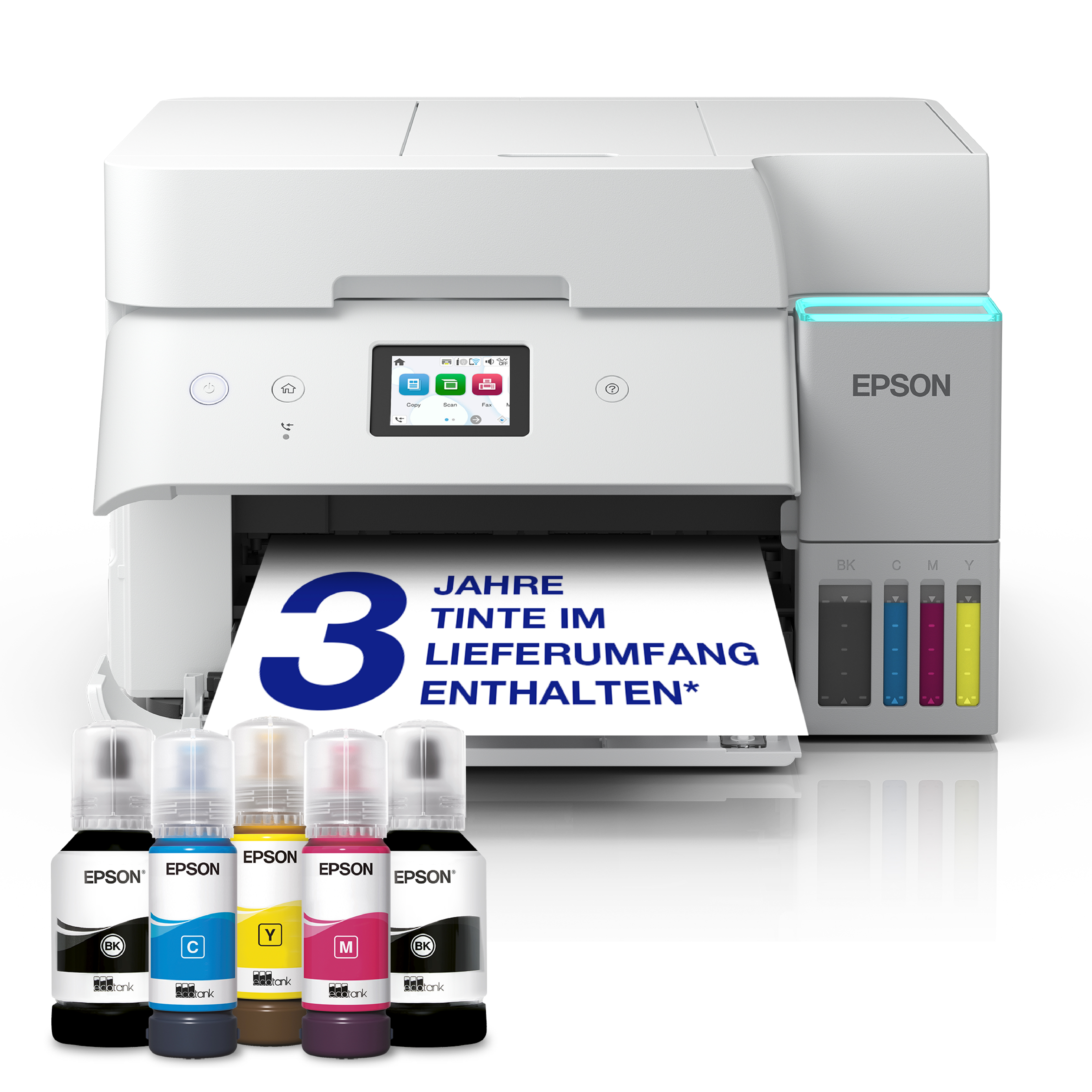 Epson EcoTank Drucker mit fünf Tintenflaschen und bedrucktem Papier mit Text in deutscher Sprache.