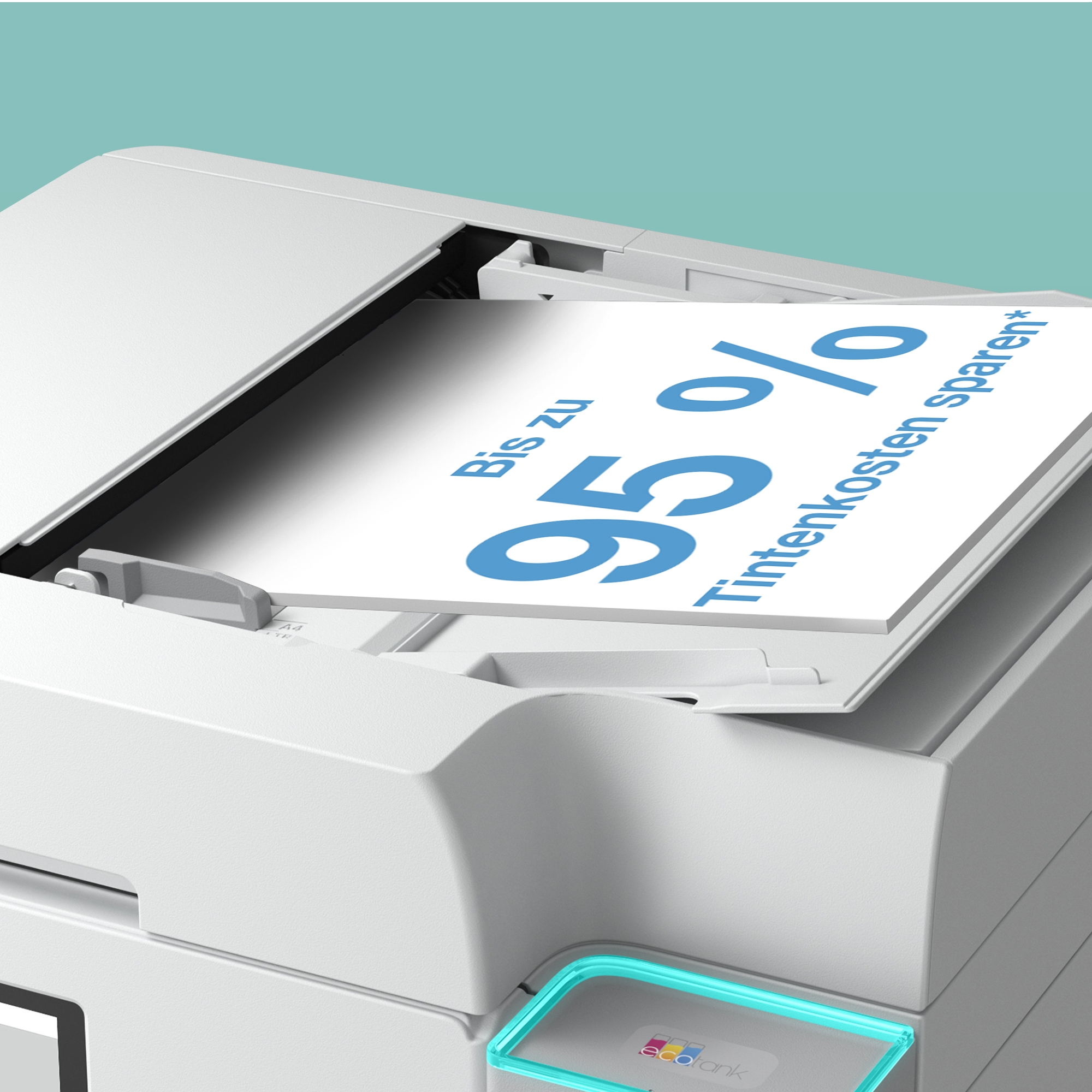 Ein weißer Drucker mit einer gedruckten Seite, die mit blauer Schrift 'Bis zu 95% Tintenkosten sparen' zeigt.