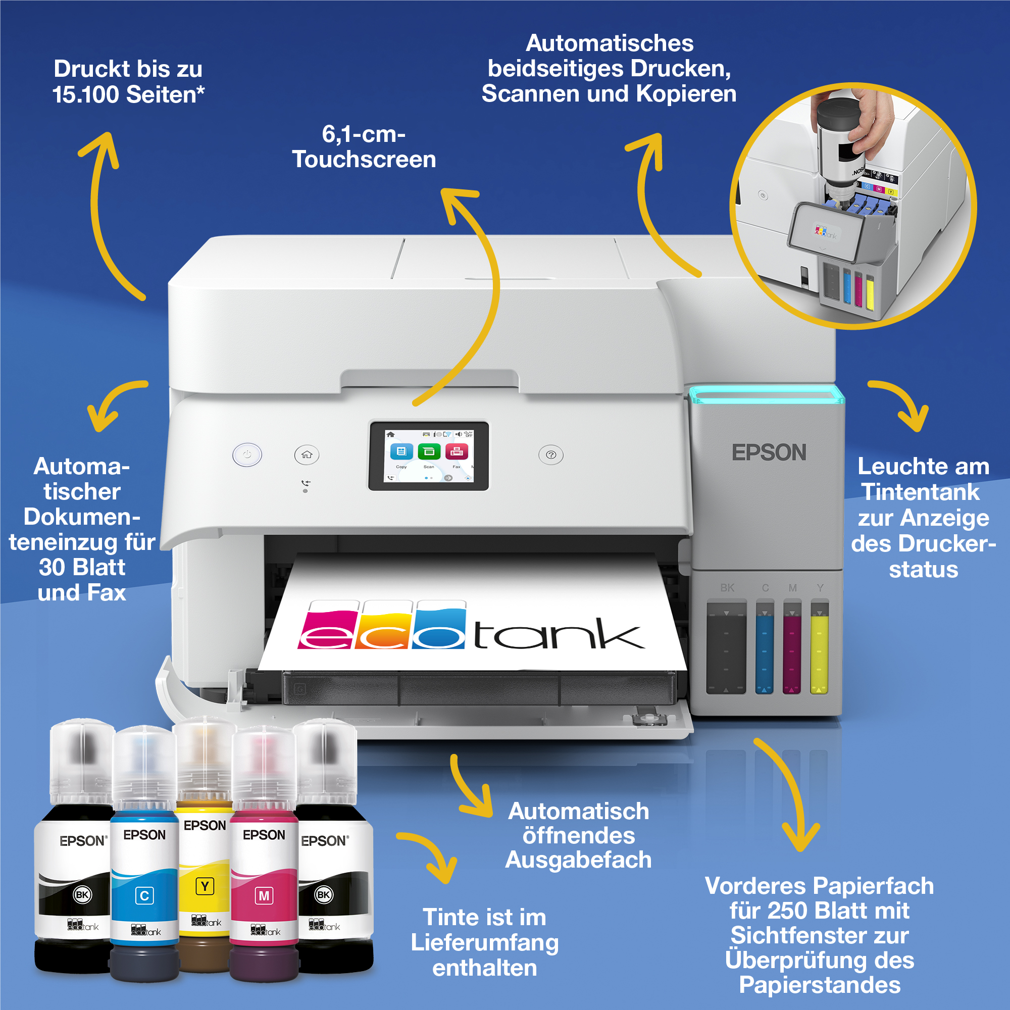 Epson EcoTank Drucker mit Tintentanks, Touchscreen und Tintenflaschen vor blauem Hintergrund.