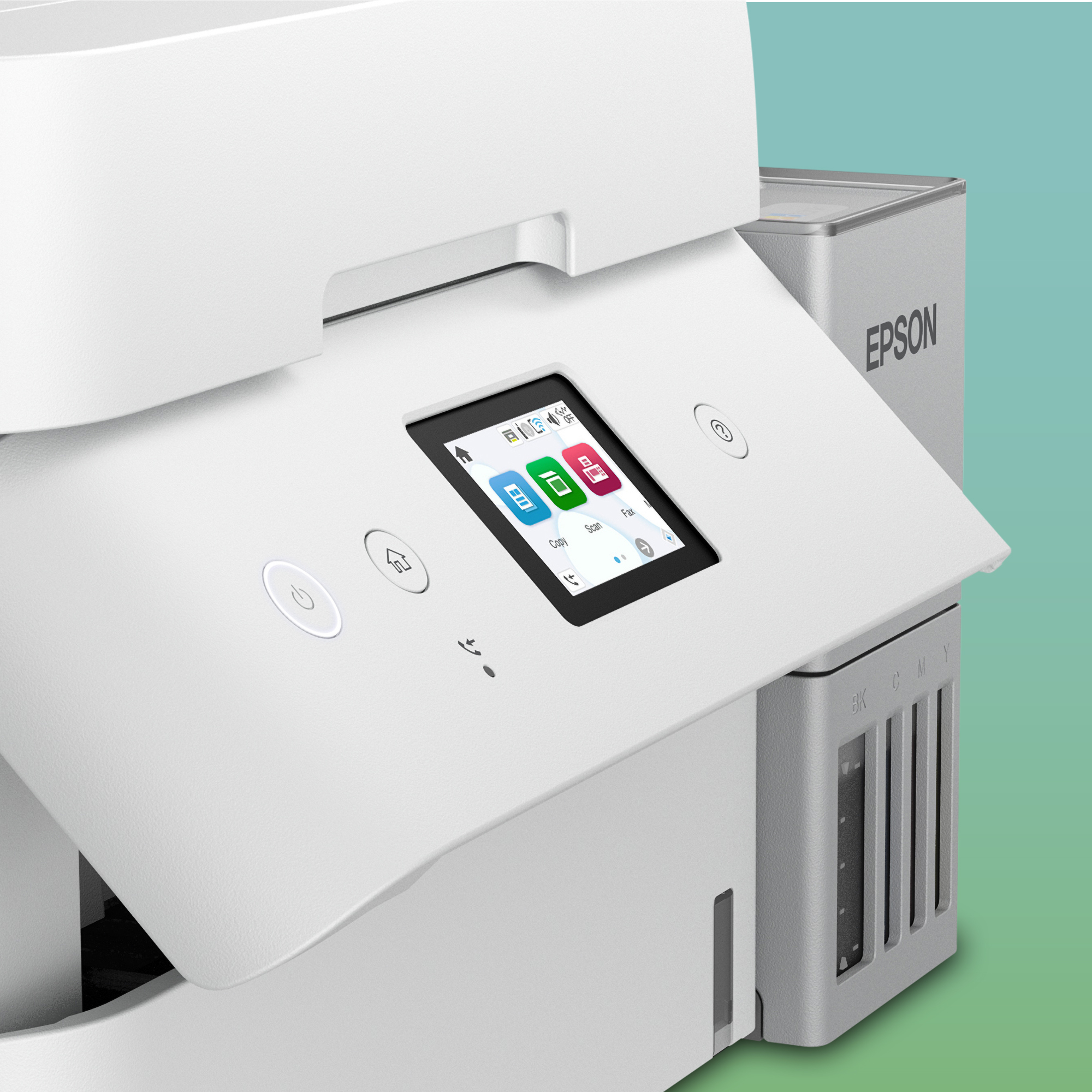 Close-up of a white Epson printer with an active touch screen, control buttons, and visible ink tanks on the side.