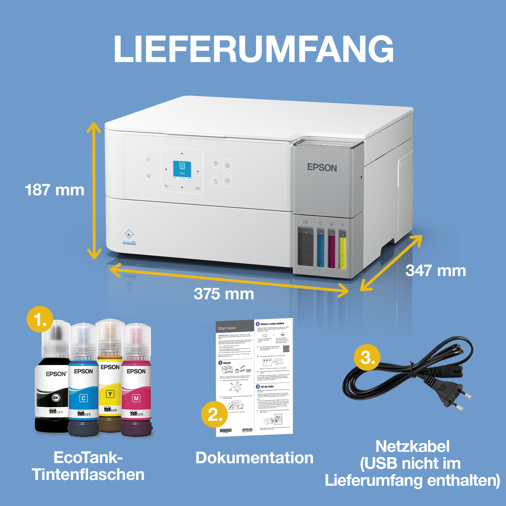 Epson EcoTank Drucker mit Maßen, Tintenflaschen, Dokumentation und Netzkabel auf blauem Grund.