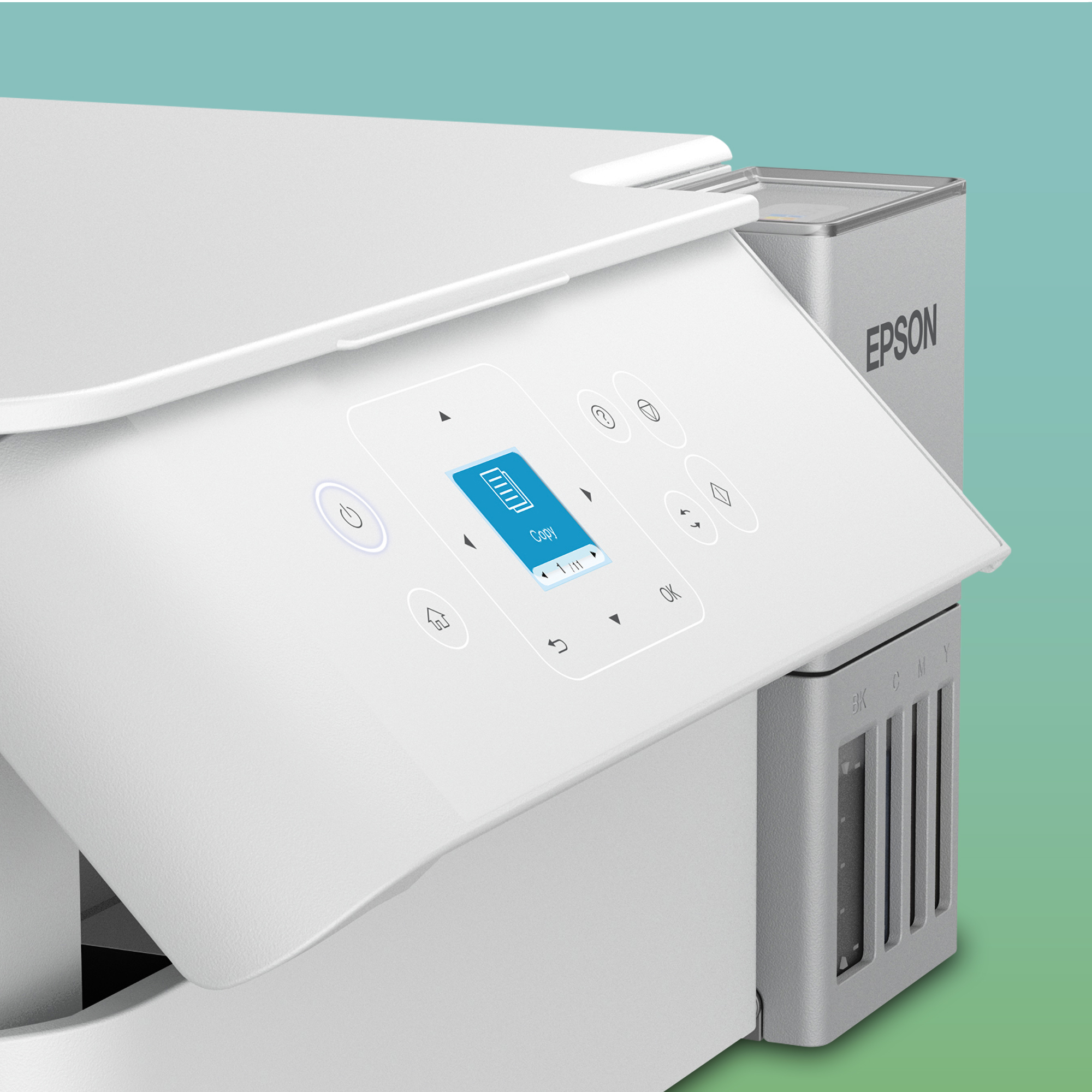 Epson Drucker in Weiß mit blauer Anzeige und sichtbaren Tintentanks vor grünem Hintergrund.
