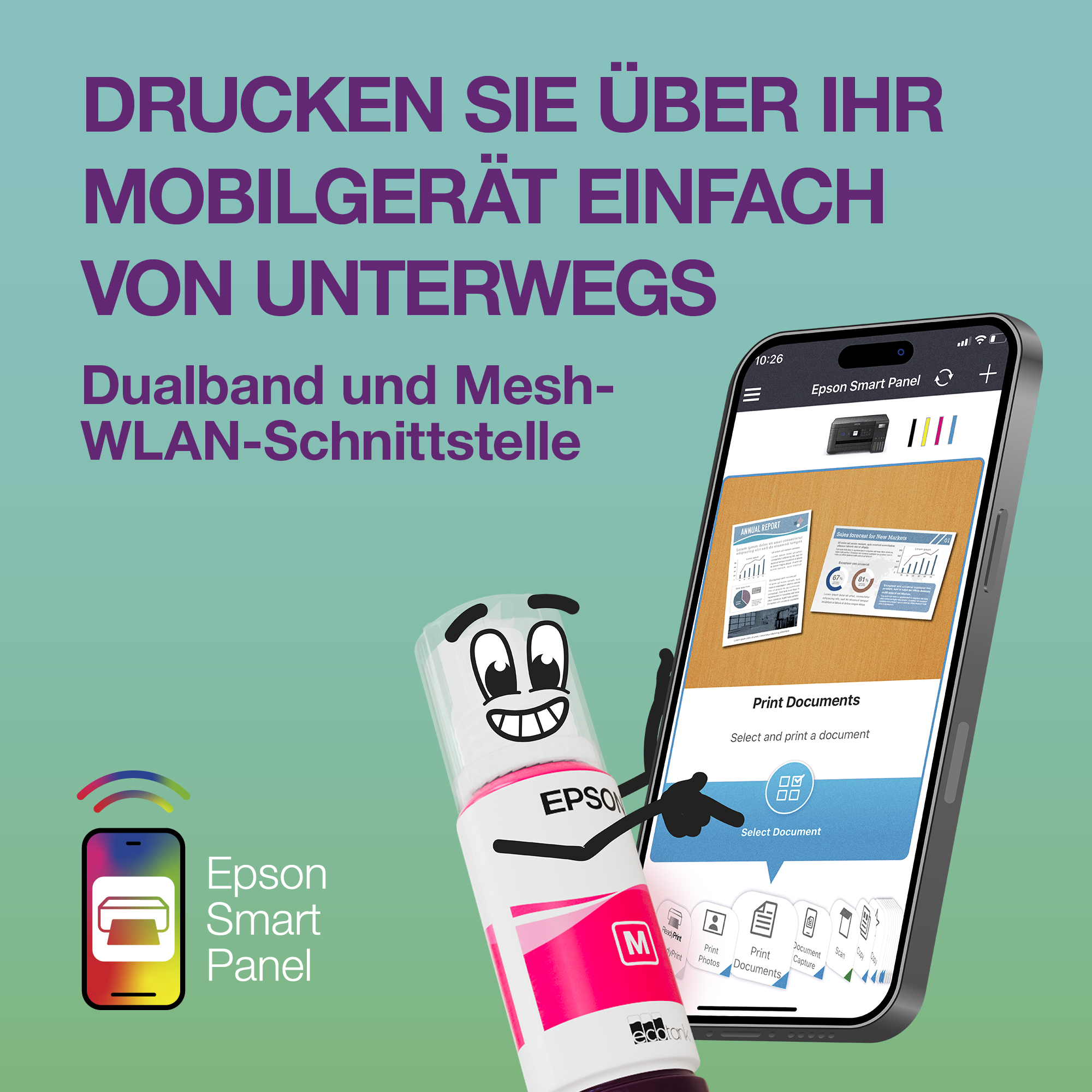 Ein animierter Tintenbehälter tippt auf ein Smartphone, das die Epson Smart Panel App vor einem türkisen Hintergrund zeigt.