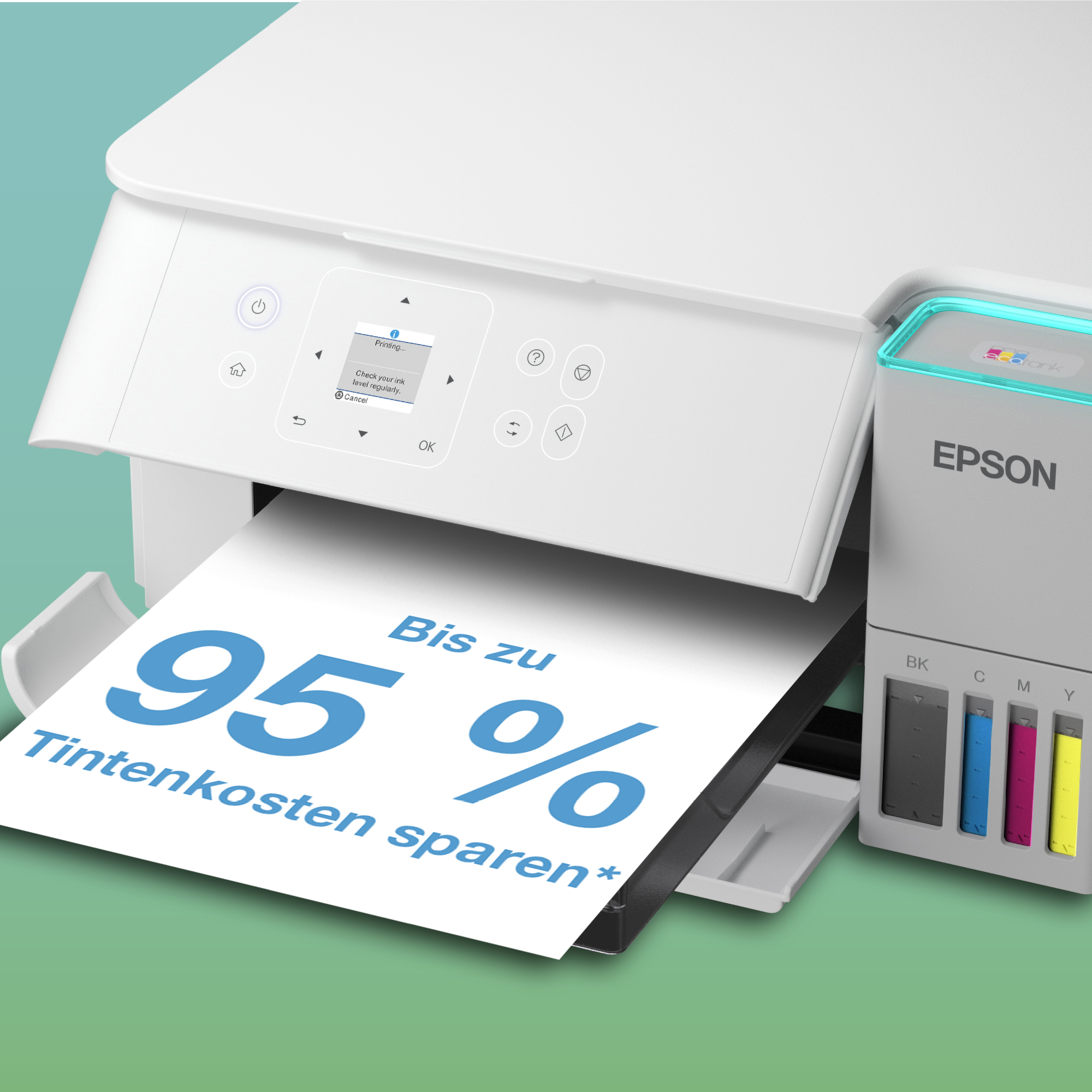 Ein weißer Epson EcoTank Drucker druckt ein Blatt mit der Aufschrift Bis zu 95 % Tintenkosten sparen.
