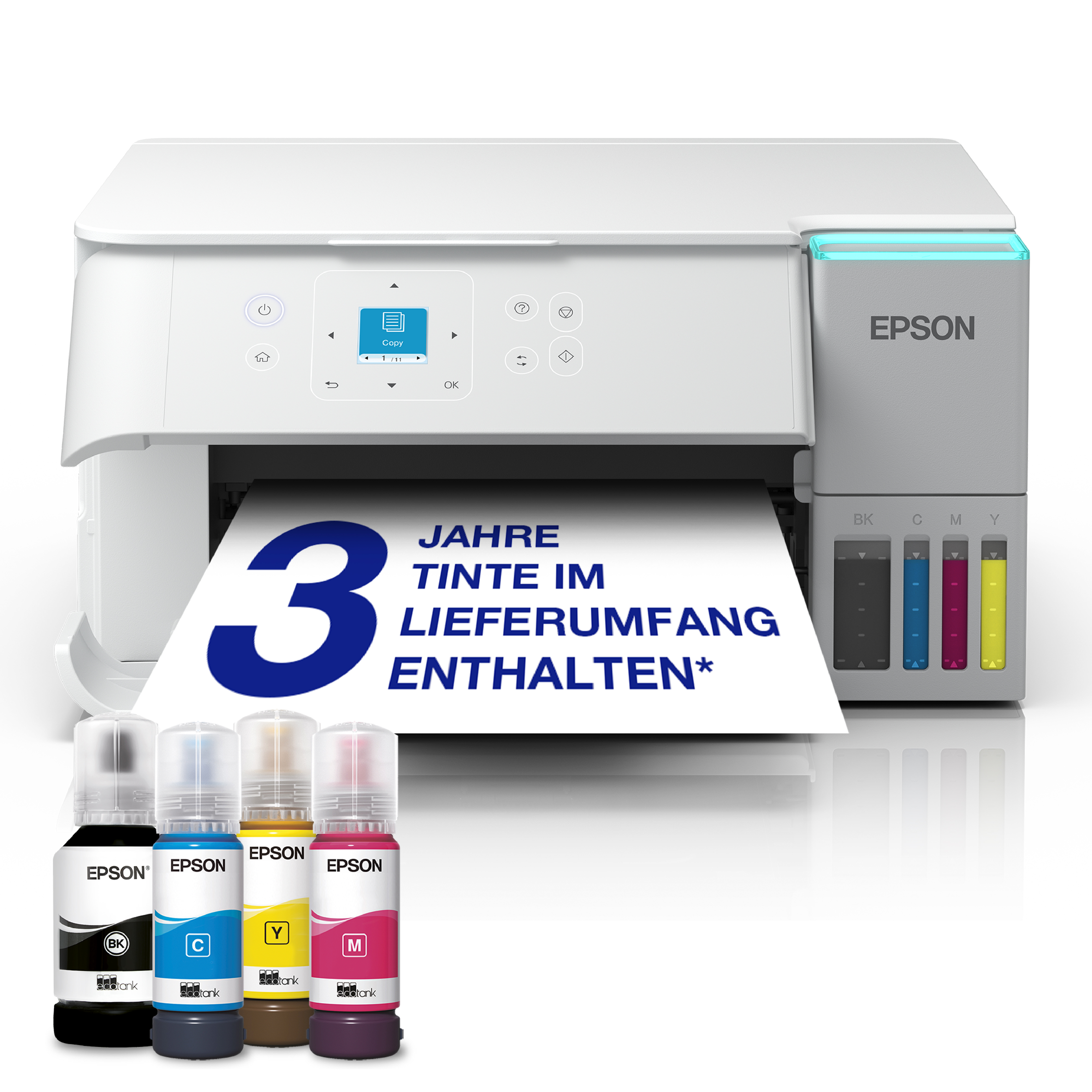 Epson EcoTank Drucker mit vier Tintenflaschen vorne und gedrucktem Blatt mit Text.