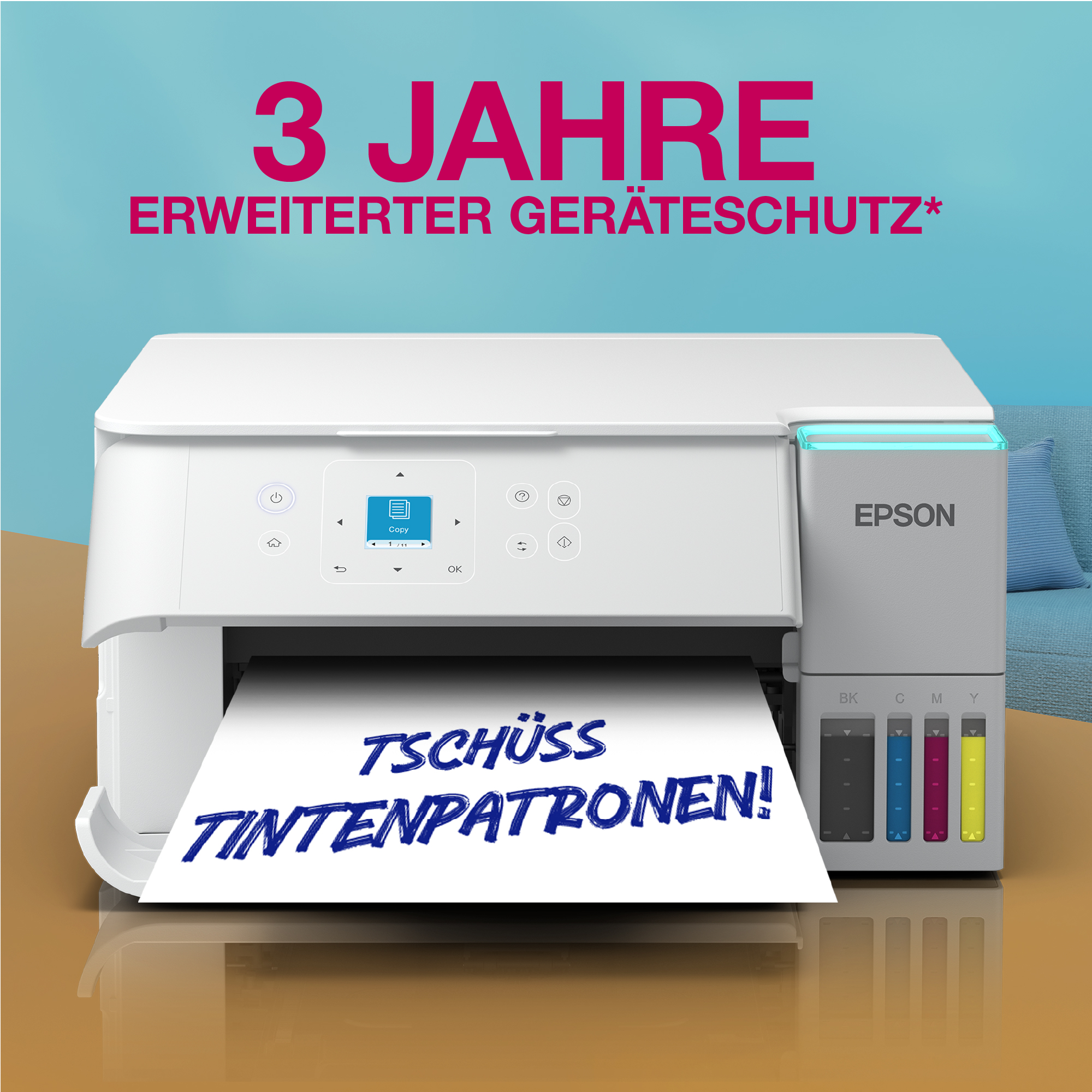 Epson Tintenstrahldrucker auf Holztisch vor blauem Hintergrund mit Werbetext.