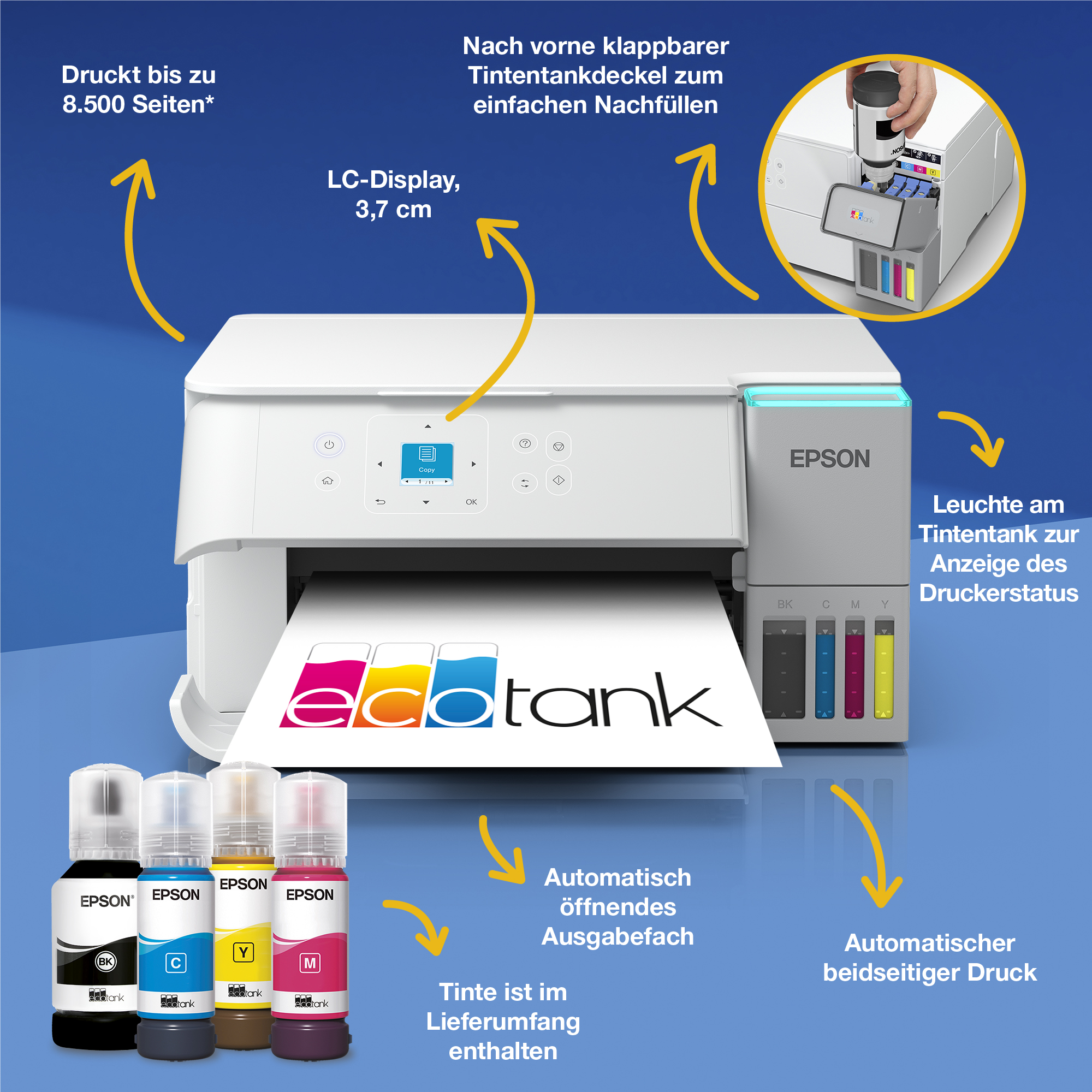 Epson EcoTank Drucker mit vier Tintenflaschen, LC-Display und Erklärungen zu Funktionen auf blauem Hintergrund.