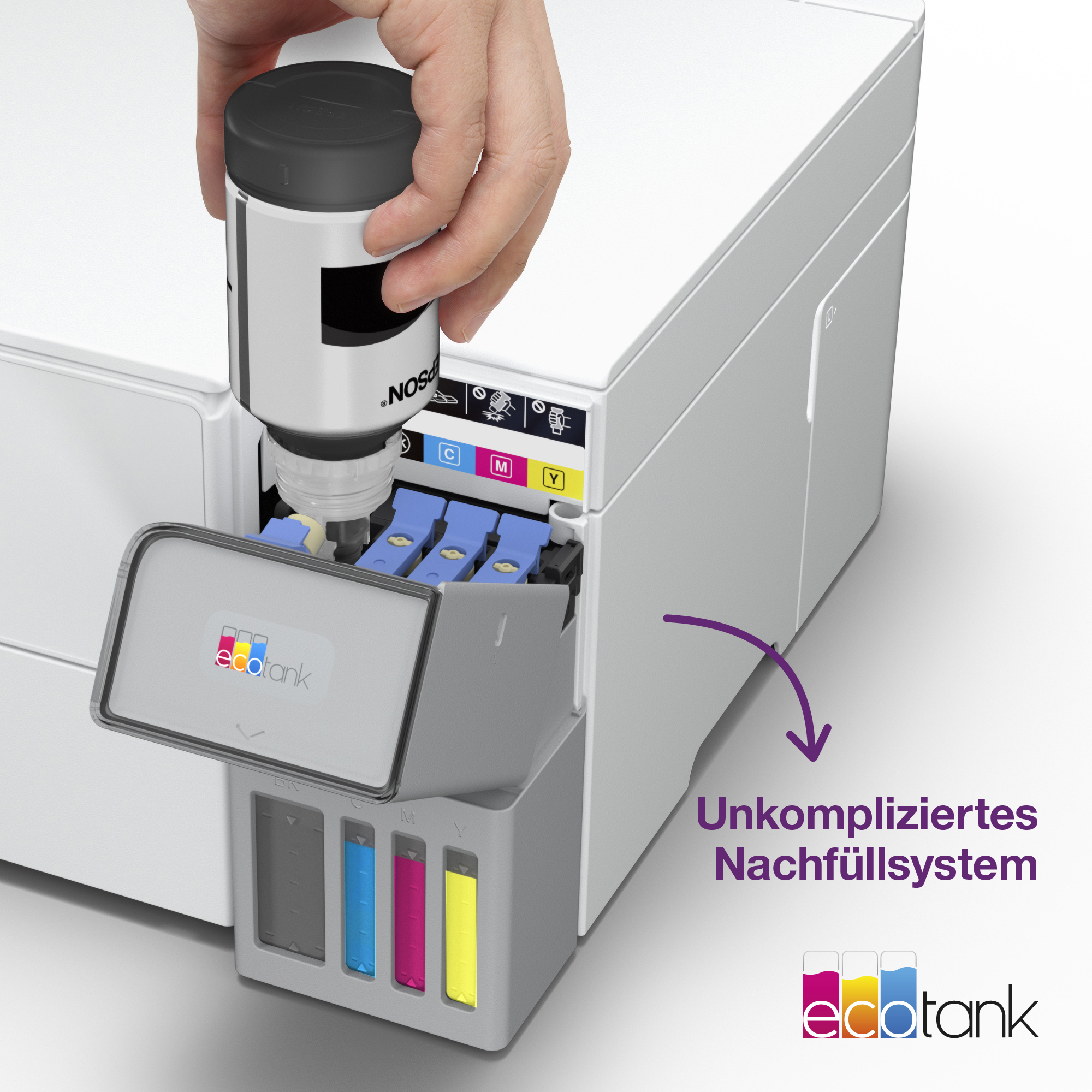 Eine Hand füllt einen weißen EcoTank-Drucker mit einer schwarzen Tintenflasche nach.