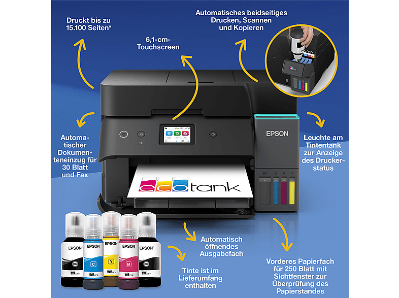 EPSON EcoTank ET-4951 Multifunktionsdrucker, WLAN, Duplexeinheit (für beidseitigen Druck), A4, A5, A6, Schwarz — Foto 2 von 5