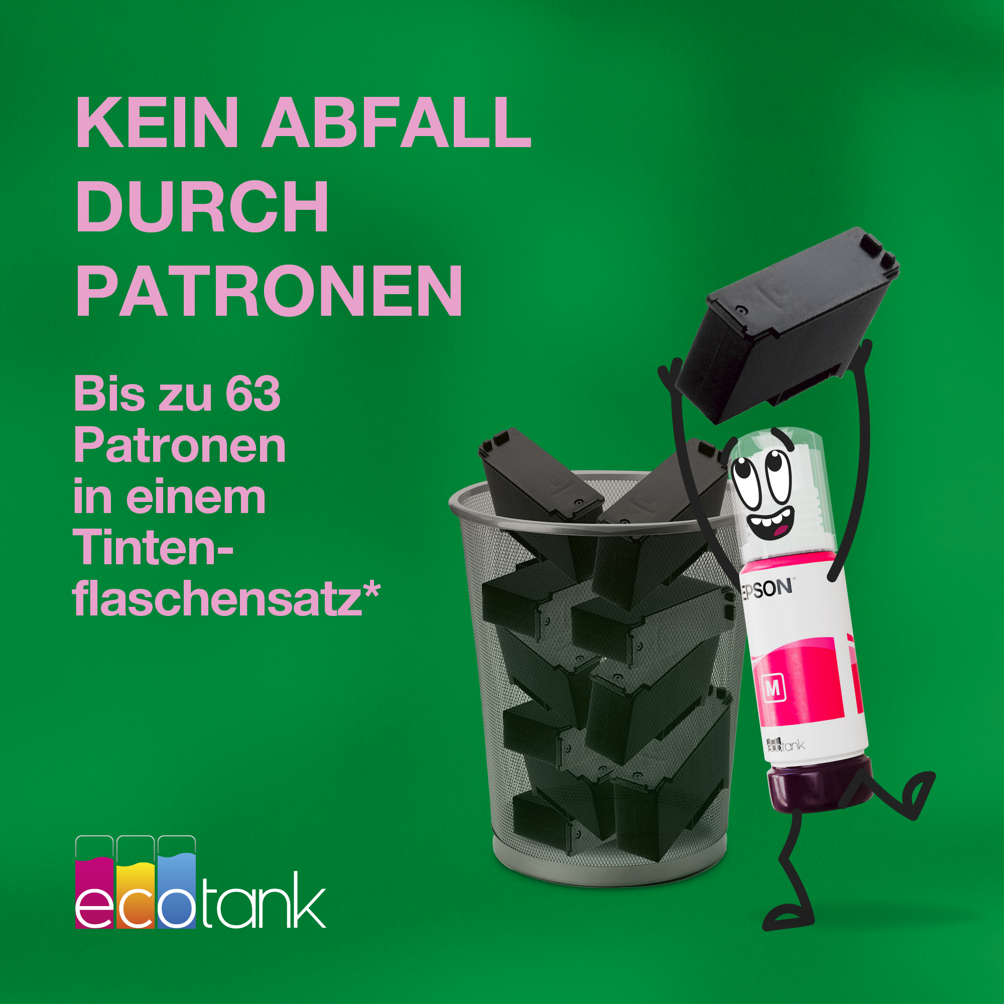 Ein lachender Tintenflaschen-Charakter wirft leere schwarze Patronen in einen Papierkorb. Grüner Hintergrund.