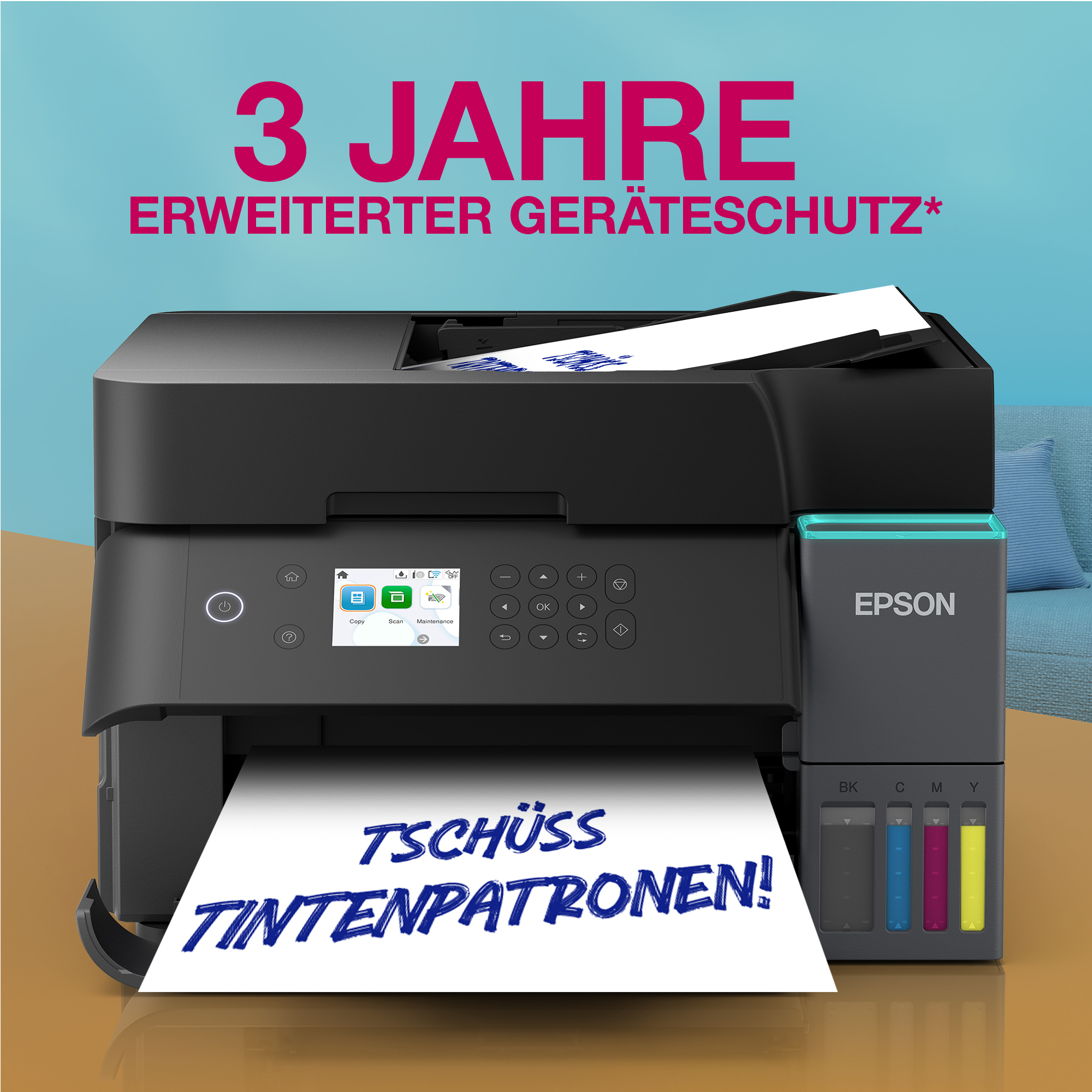 Epson Tintenstrahldrucker auf einem Tisch mit dem Text Tschüss Tintenpatronen und 3 Jahre erweiterter Geräteschutz.