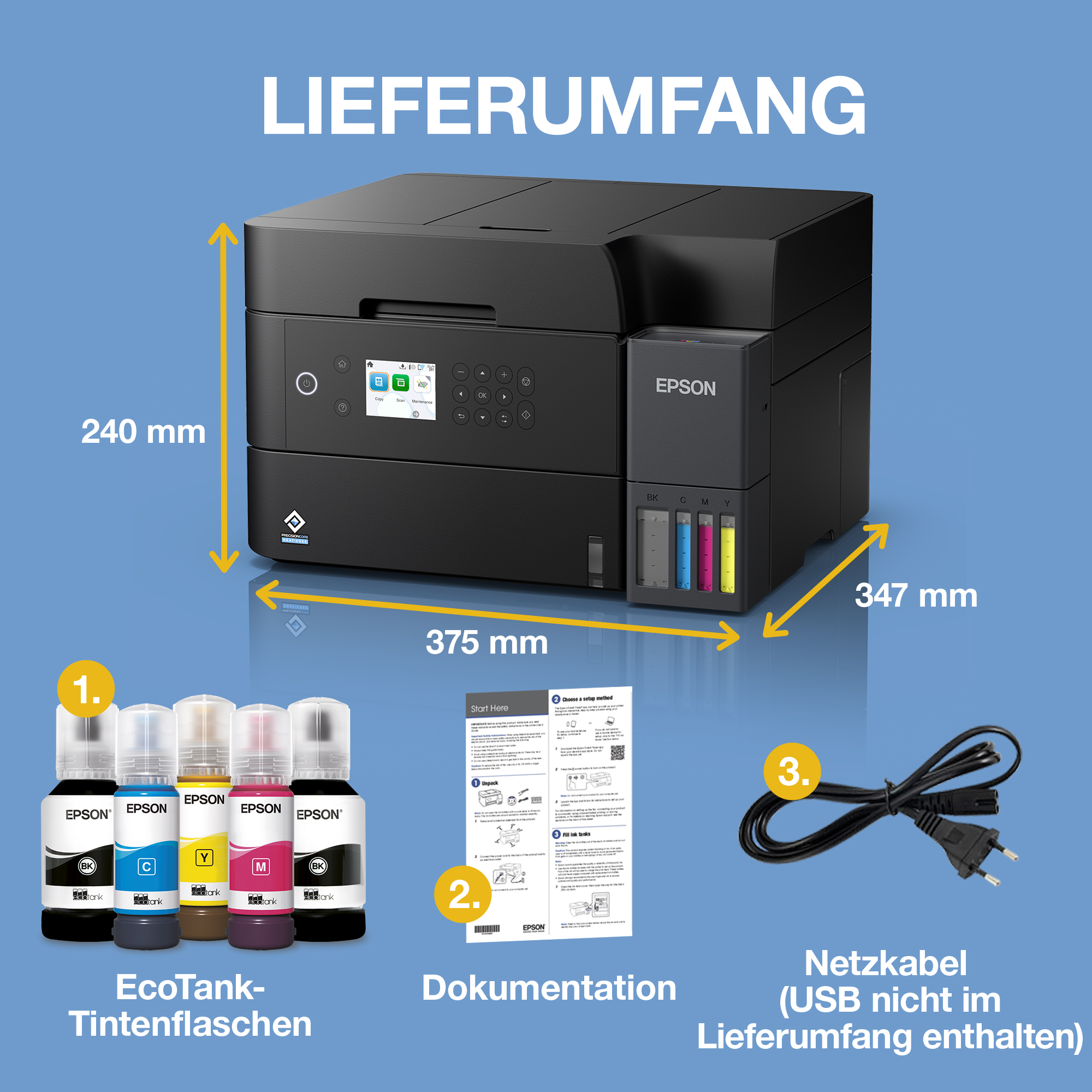 Ein Epson EcoTank Drucker mit Maßen, Tintenflaschen, Dokumentation und Netzkabel auf blauem Hintergrund.