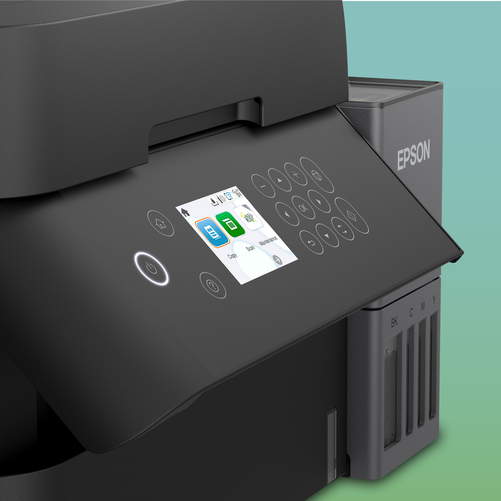 Schwarzer Epson Drucker mit Touchscreen-Display und seitlichen Tintentanks vor mintgrünem Hintergrund.