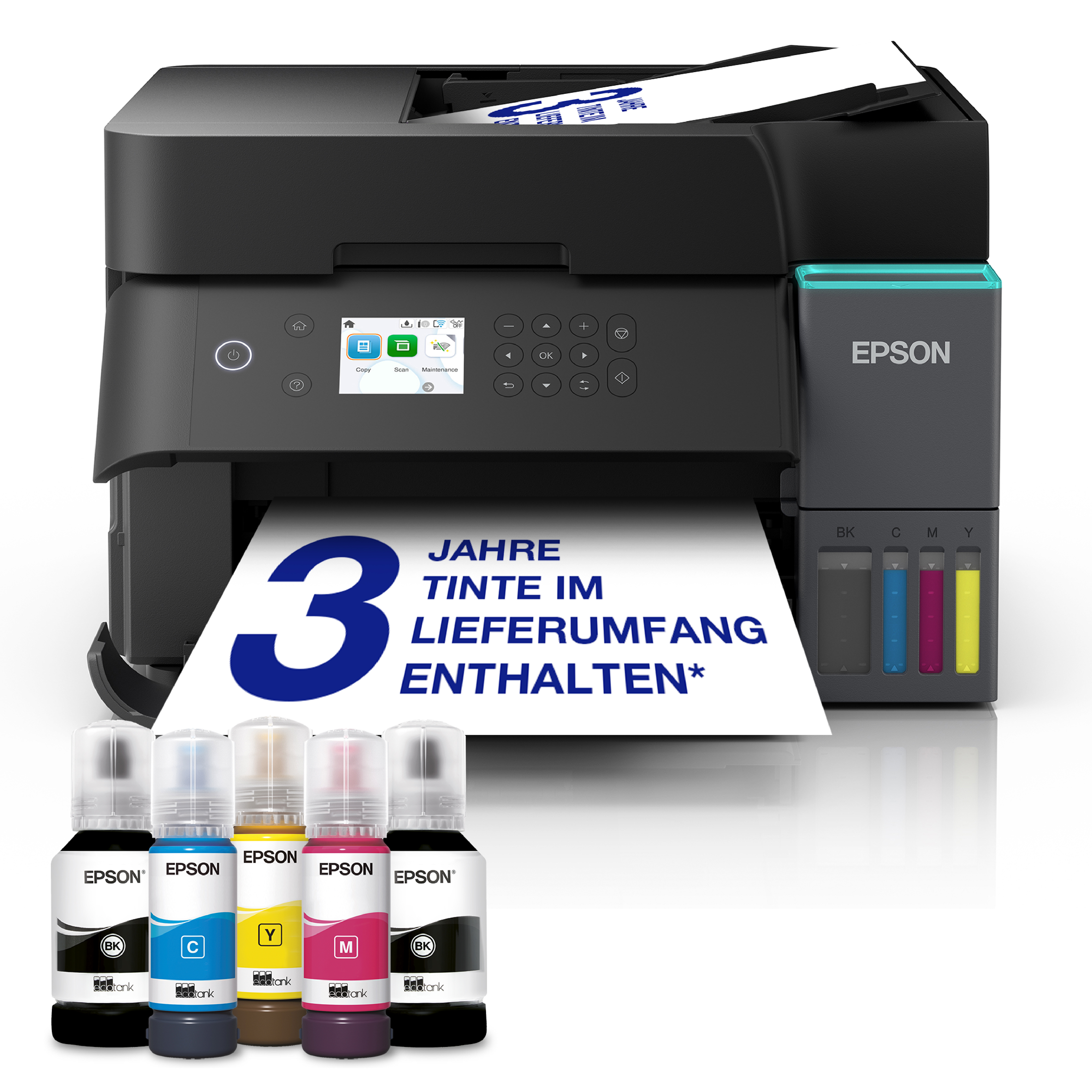 Epson EcoTank-Drucker mit ausgedrucktem Text und fünf Tintenflaschen davor.
