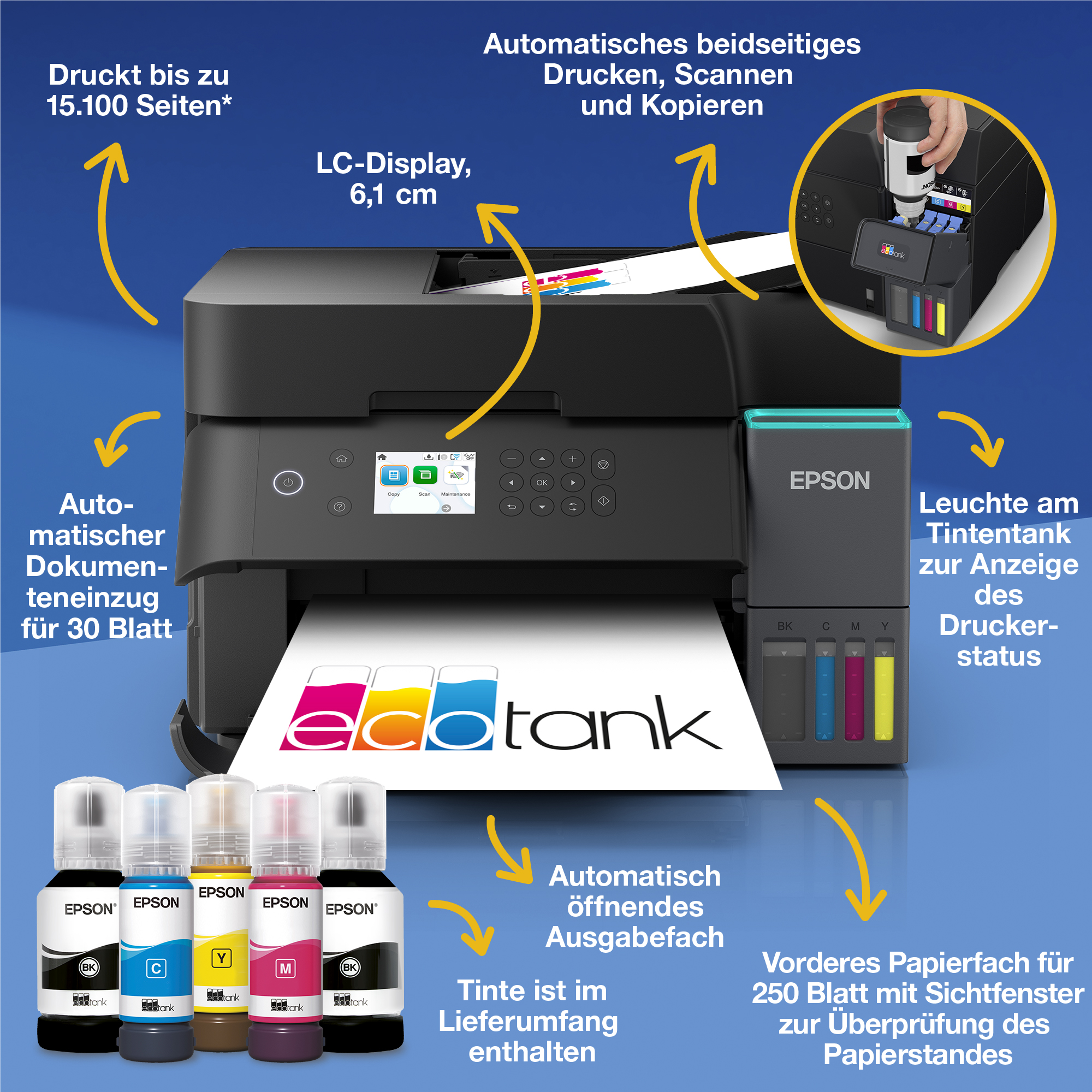 Epson EcoTank Drucker mit Tintentanks, LC-Display und fünf Farbtitneflaschen auf blauem Hintergrund.