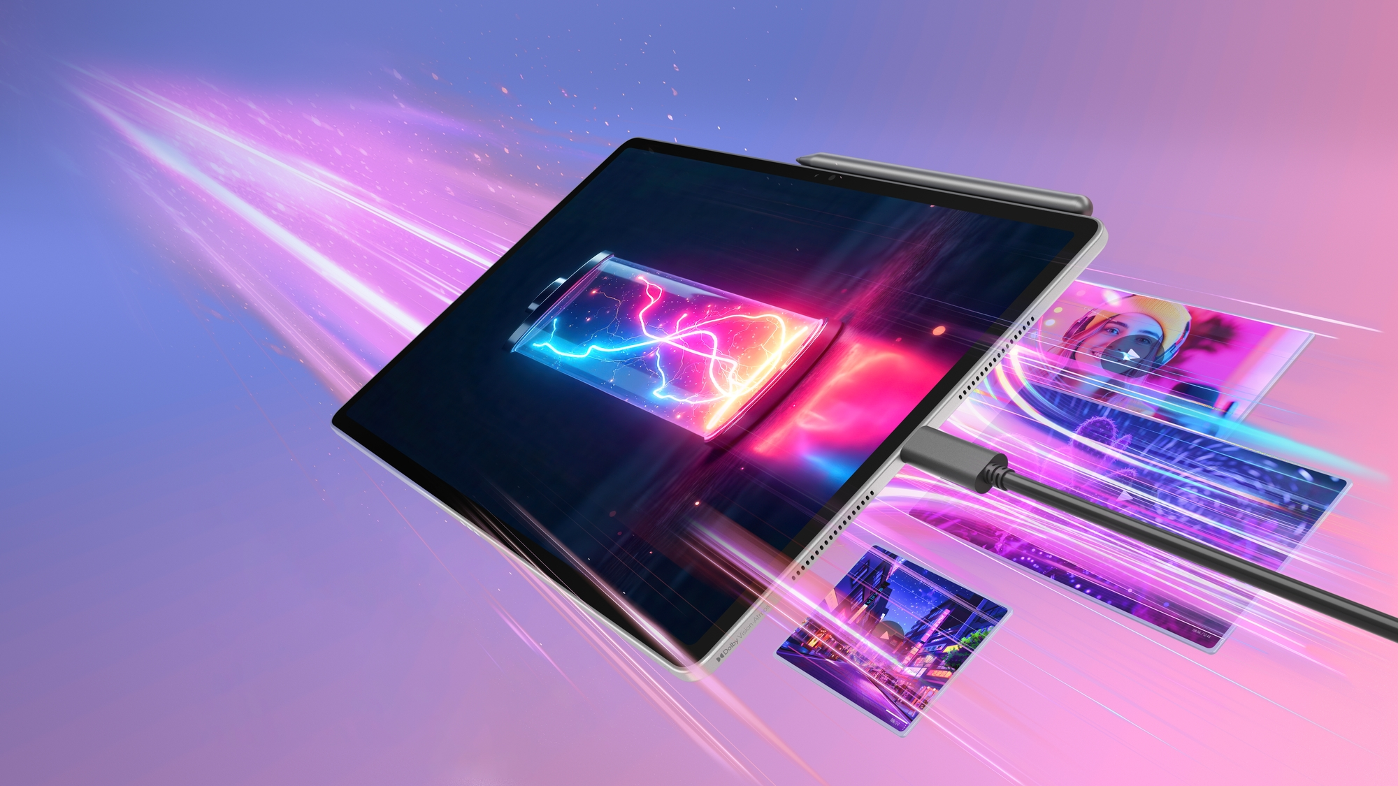 Ein Tablet mit Ladekabel und leuchtender Batterieanzeige, umgeben von bunten Lichtstreifen auf lila Hintergrund.
