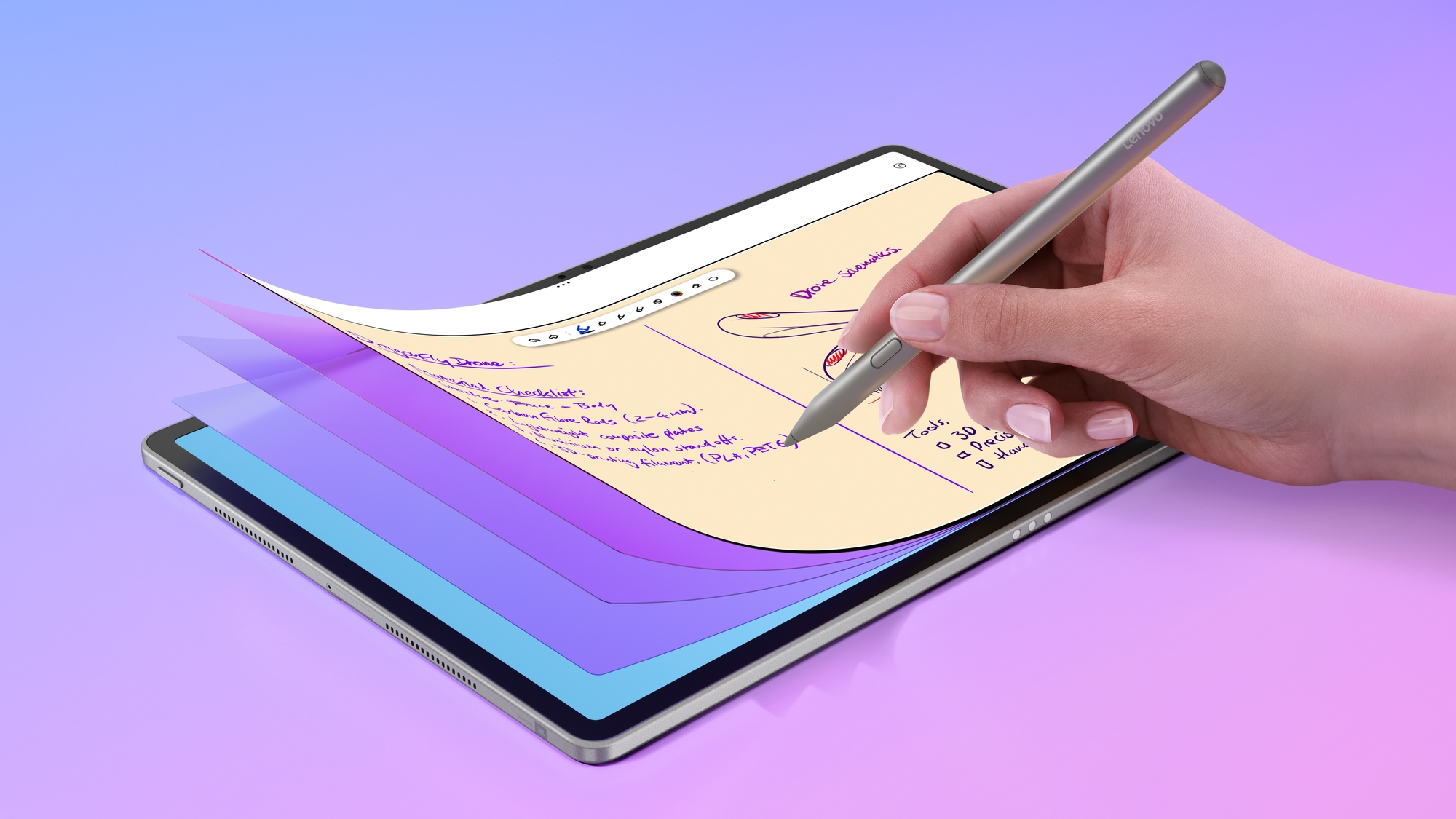 Eine Hand benutzt einen Eingabestift auf einem Tablet mit farbigen Seiten vor einem Hintergrund.