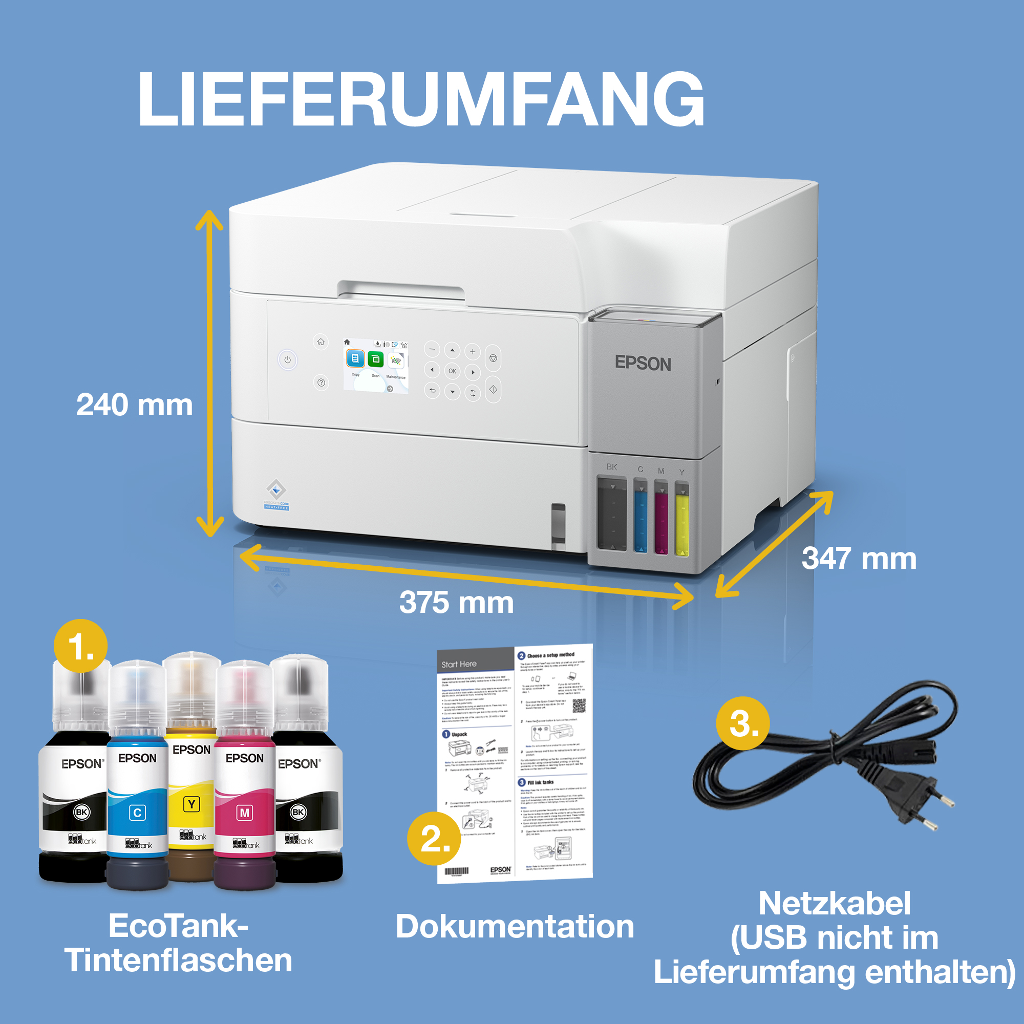 Epson EcoTank Drucker mit Abmessungen, Tintenflaschen, Dokumentation und Netzkabel auf blauem Grund.