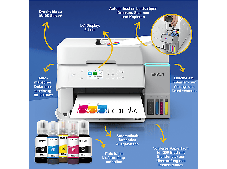 EPSON EcoTank ET-3956 Multifunktionsdrucker, WLAN, Duplexeinheit (für beidseitigen Druck), A4, A5, A6, Weiß — Foto 4 von 5