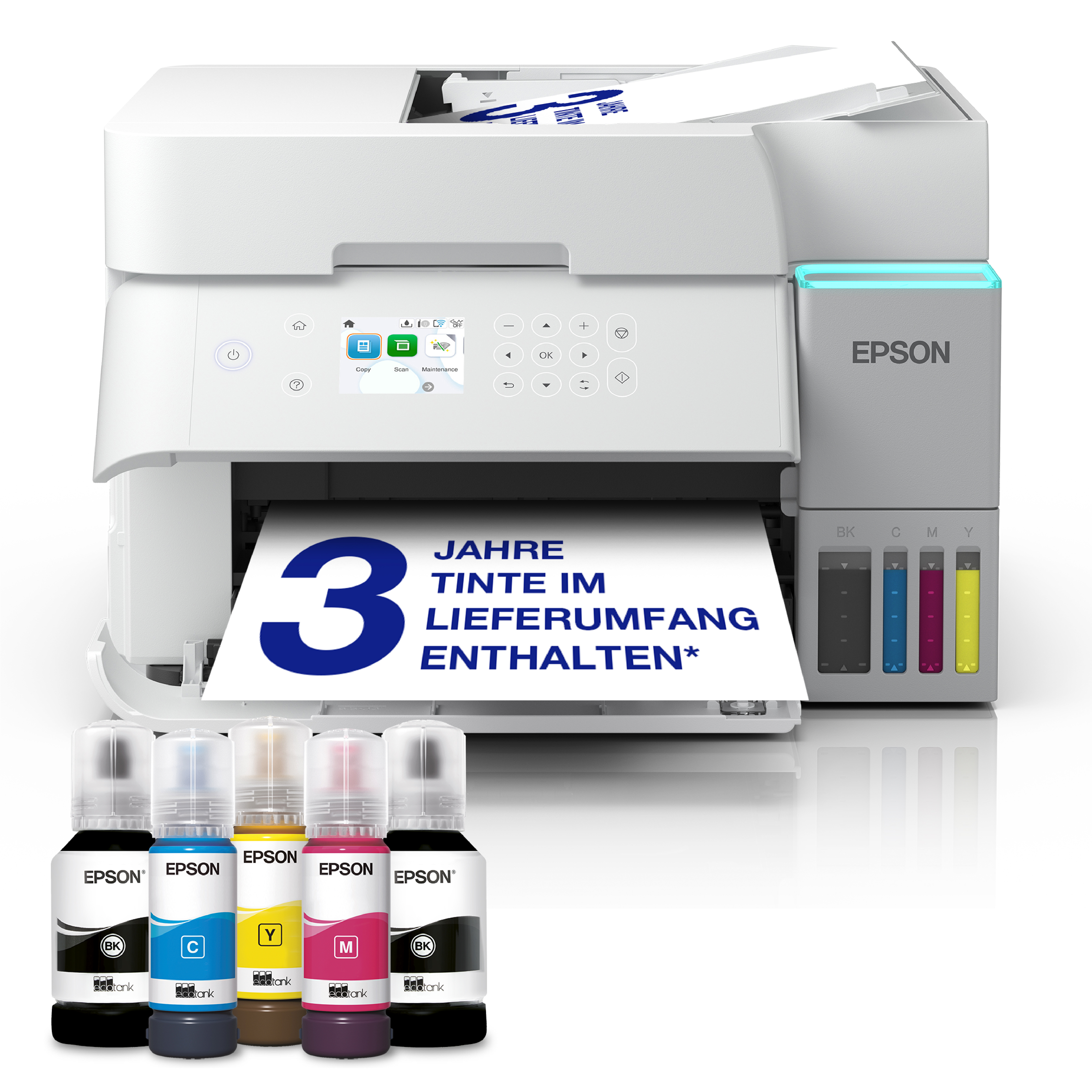 Epson EcoTank Drucker mit fünf Tintenflaschen davor und gedrucktem Werbetext.