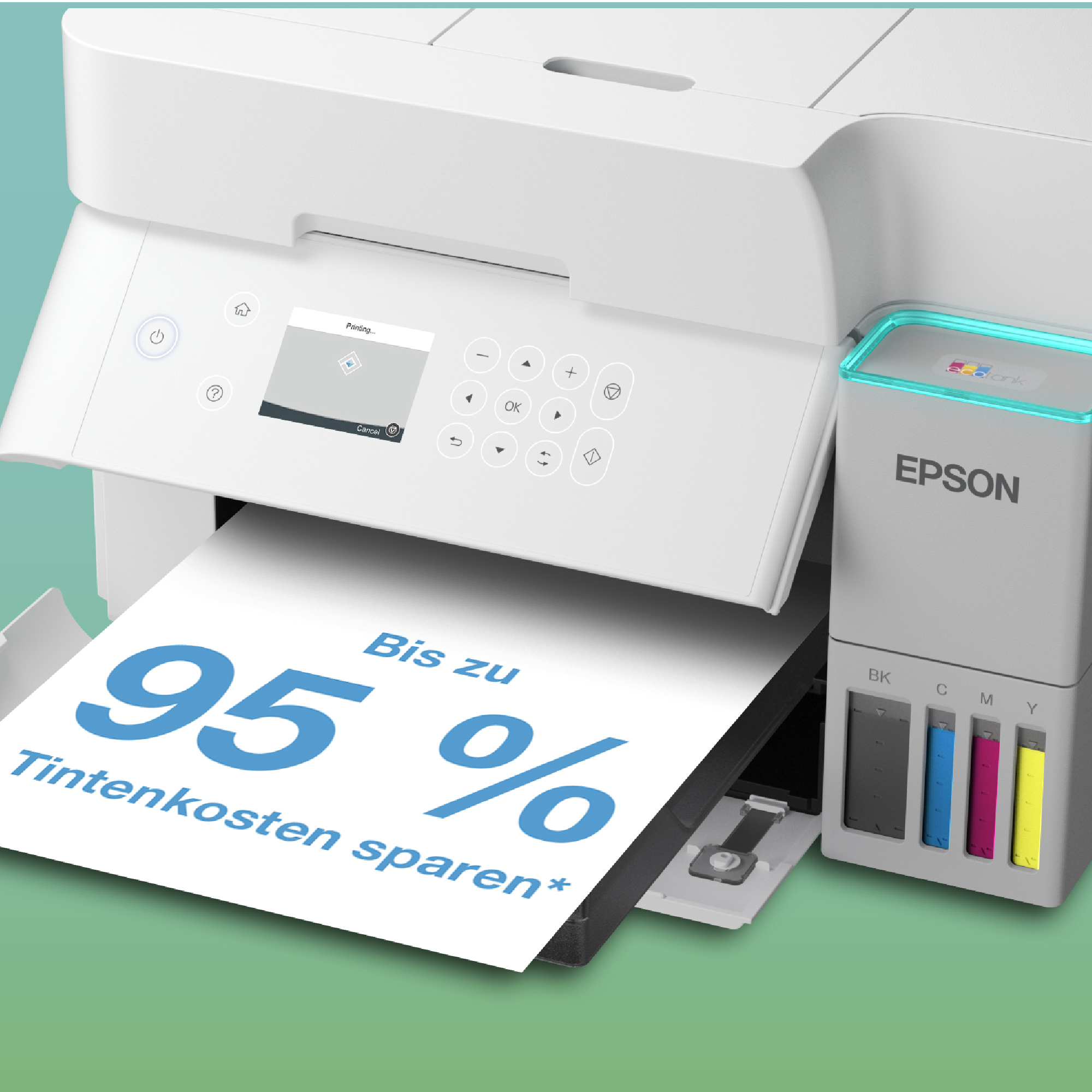 Ein weißer Epson EcoTank Drucker druckt ein Blatt mit der Aufschrift Bis zu 95 Prozent Tintenkosten sparen.