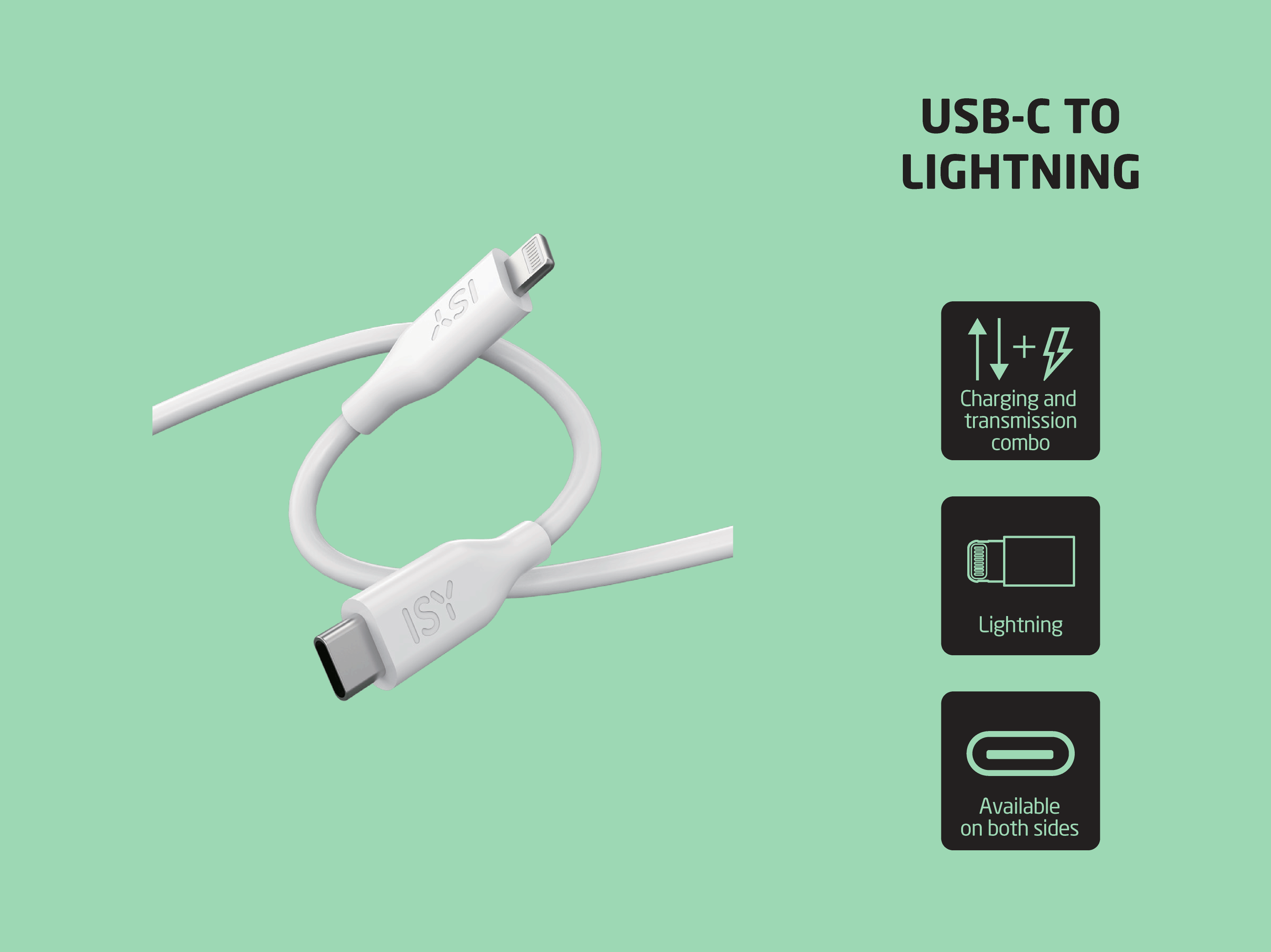 Weißes USB-C-zu-Lightning-Kabel auf grünem Hintergrund mit Symbolen für Laden, Datenübertragung und zweiseitigen Anschluss.