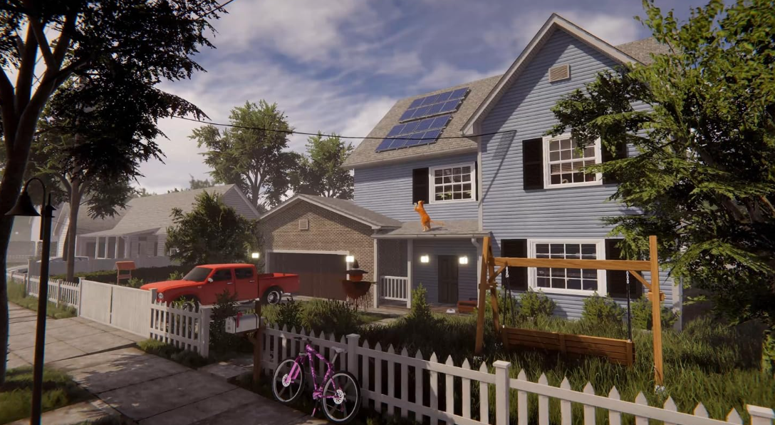 Ein blaues Haus mit Solaranlagen, einem roten Auto vor der Garage und einem Zaun im Vorgarten.