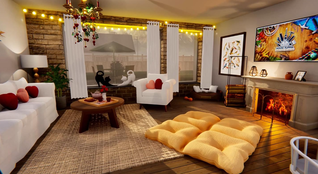 Ein gemütliches Wohnzimmer mit Steinwand, Kamin, weißem Sofa, Sesseln und gelben Bodenkissen.