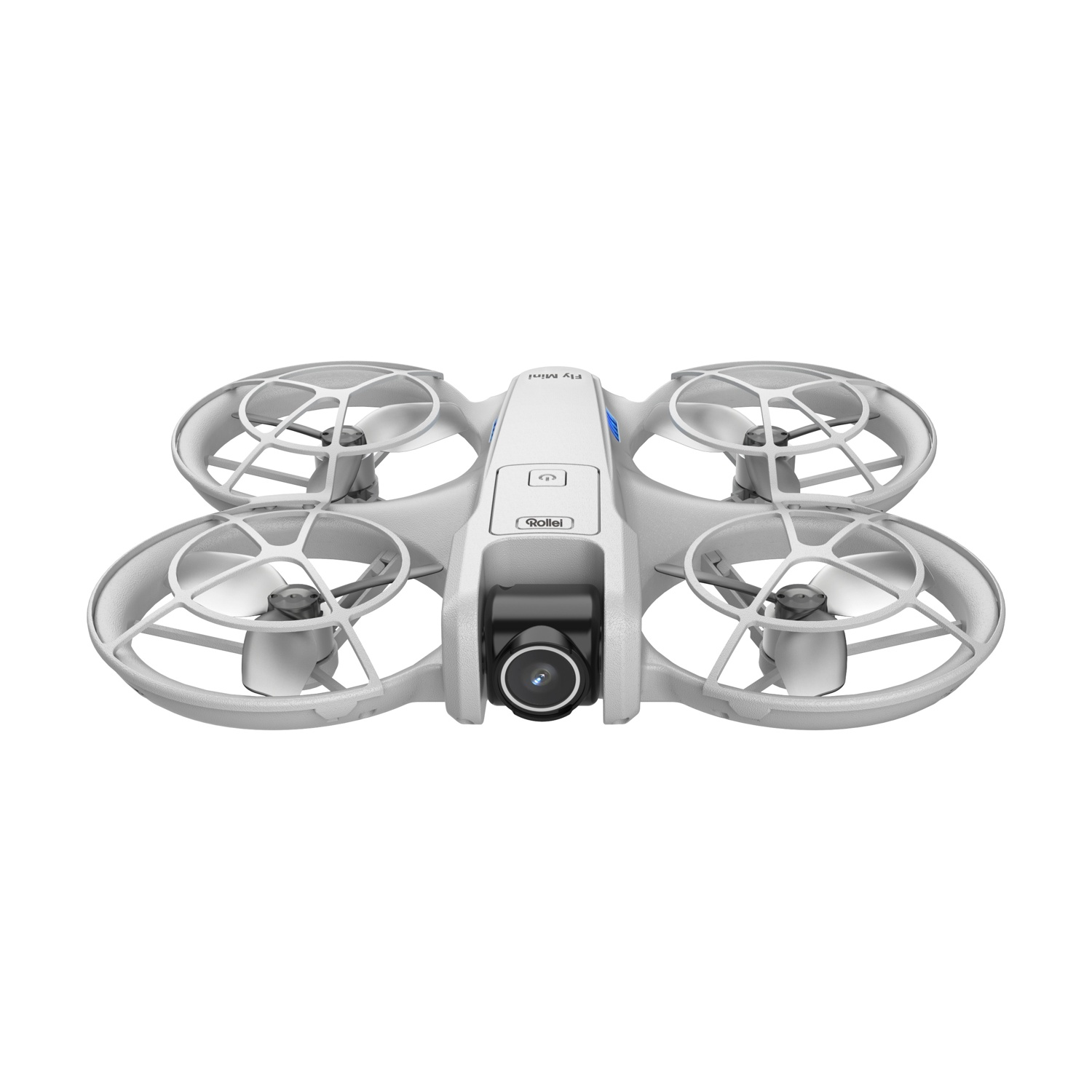 Un drone bianco con protezioni per eliche e fotocamera frontale, isolato su sfondo bianco.