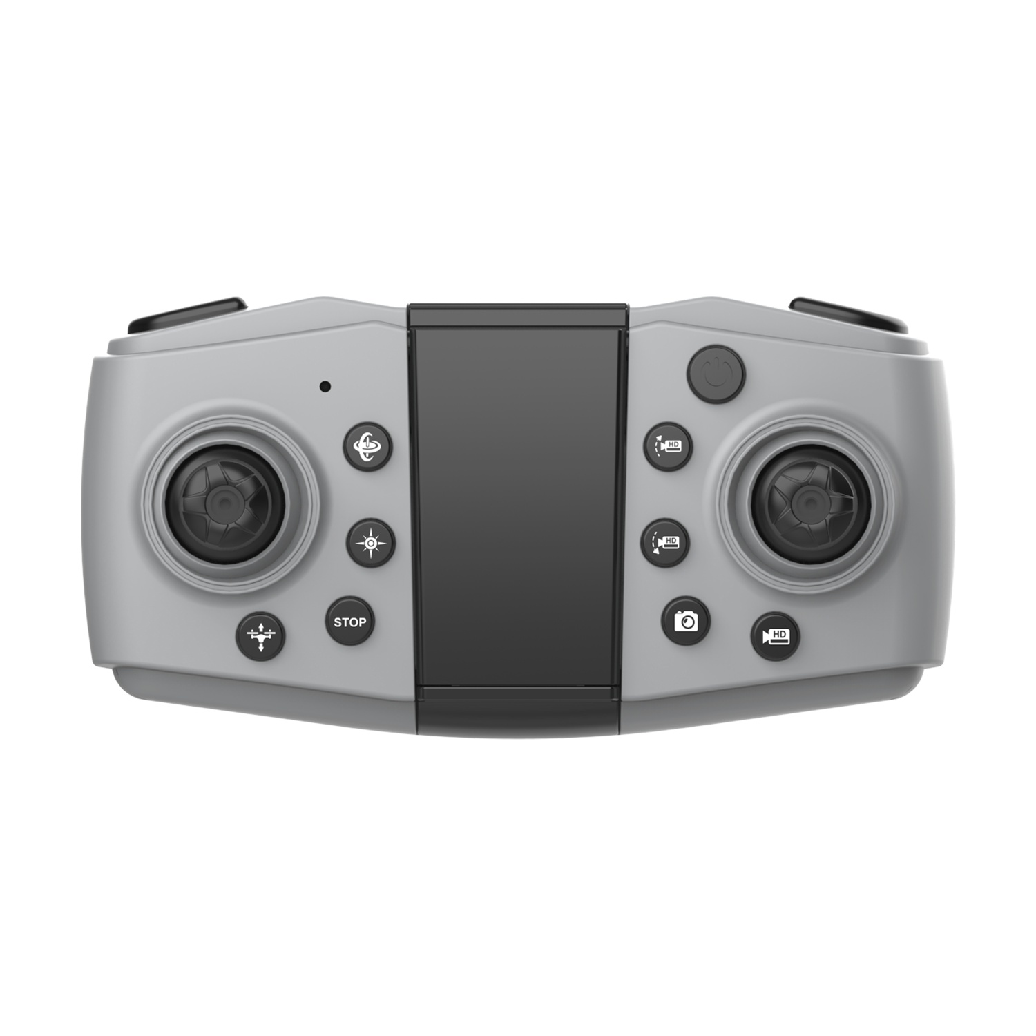 Telecomando per drone grigio con due joystick, supporto centrale per smartphone e vari pulsanti su sfondo bianco.
