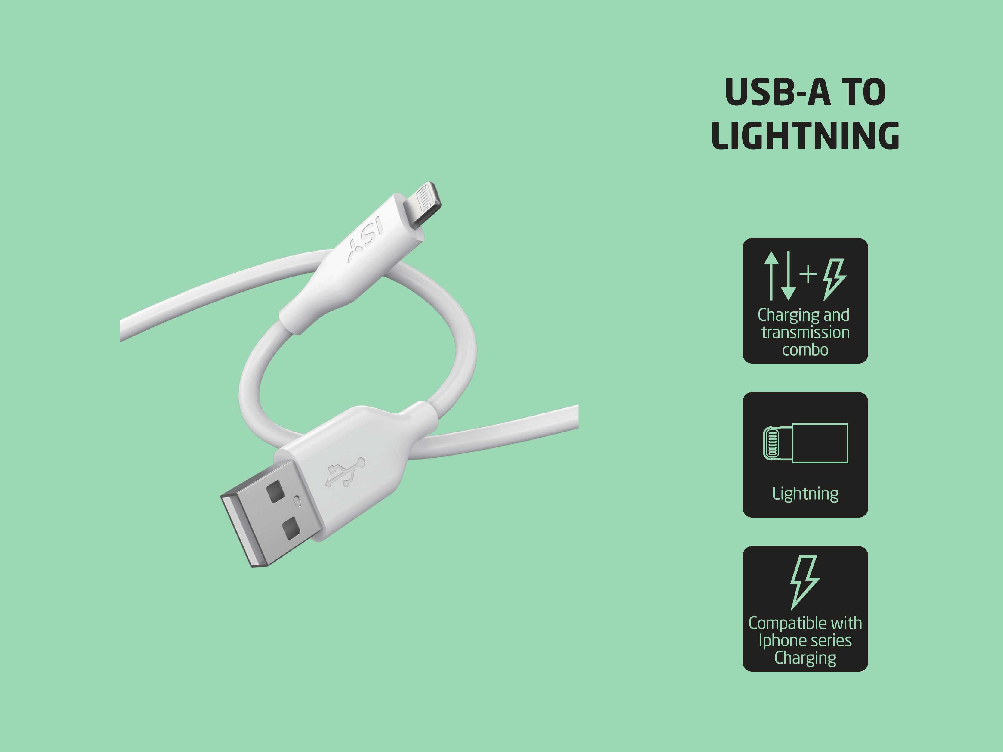 Weißes USB-A-zu-Lightning-Kabel auf grünem Hintergrund mit Symbolen für Lade- und Übertragungsfunktionen.