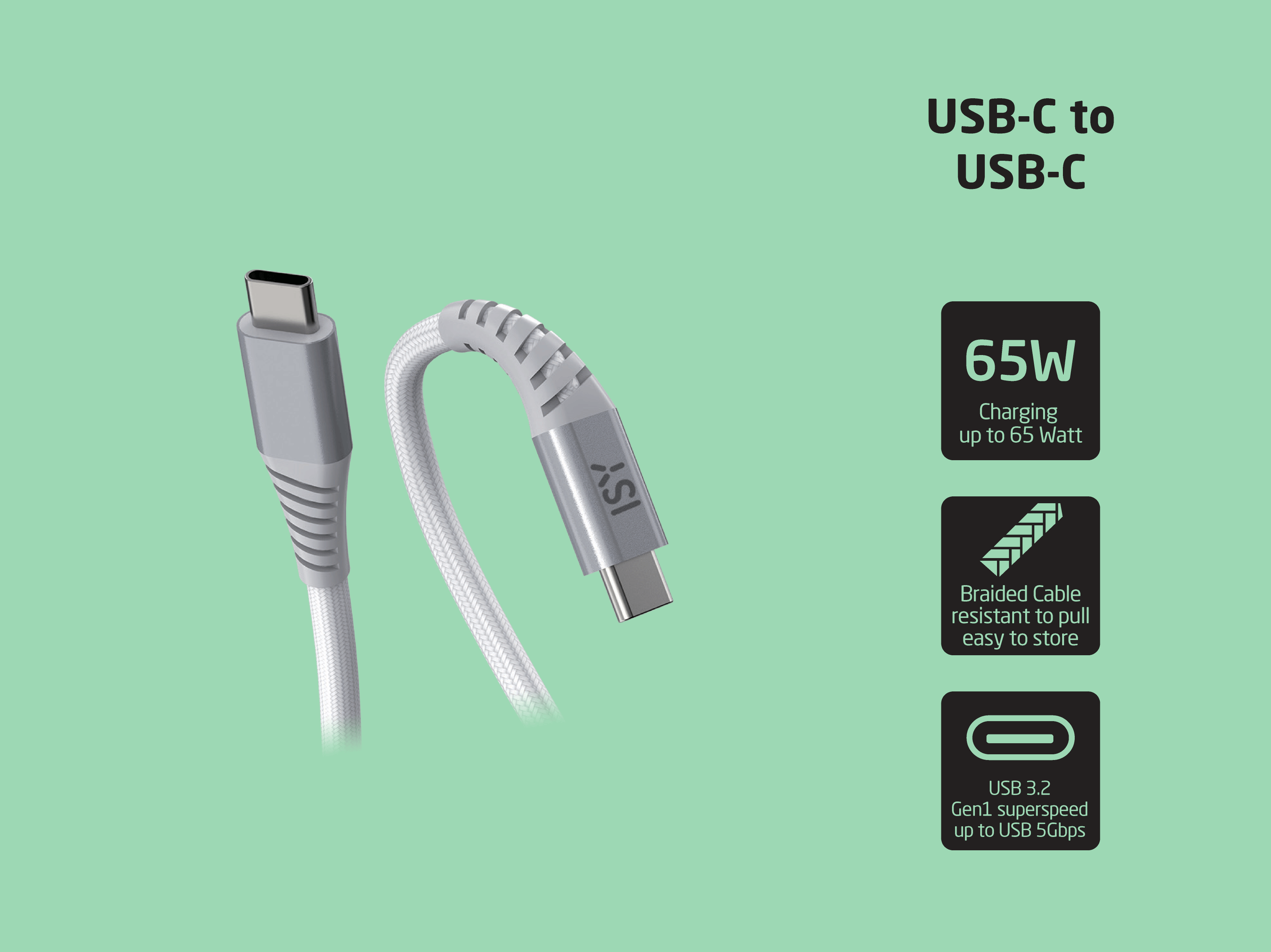 Ein weißes, geflochtenes USB-C-Kabel auf grünem Hintergrund mit Symbolen für 65W, Reißfestigkeit und superschnelle Daten.