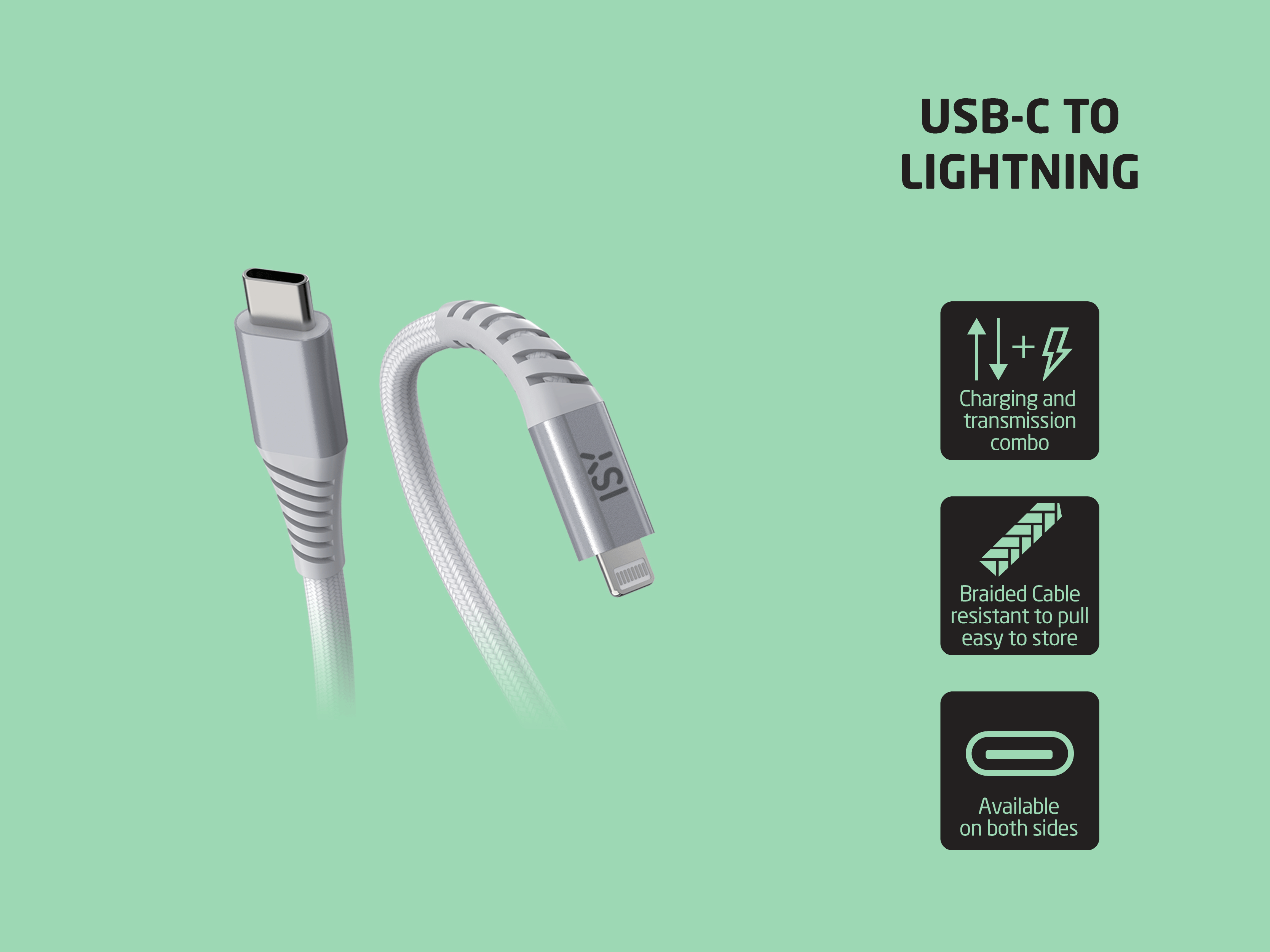 Ein USB-C-zu-Lightning-Kabel auf grünem Hintergrund mit Icons für Funktionen wie Lade- und Übertragungskombination.