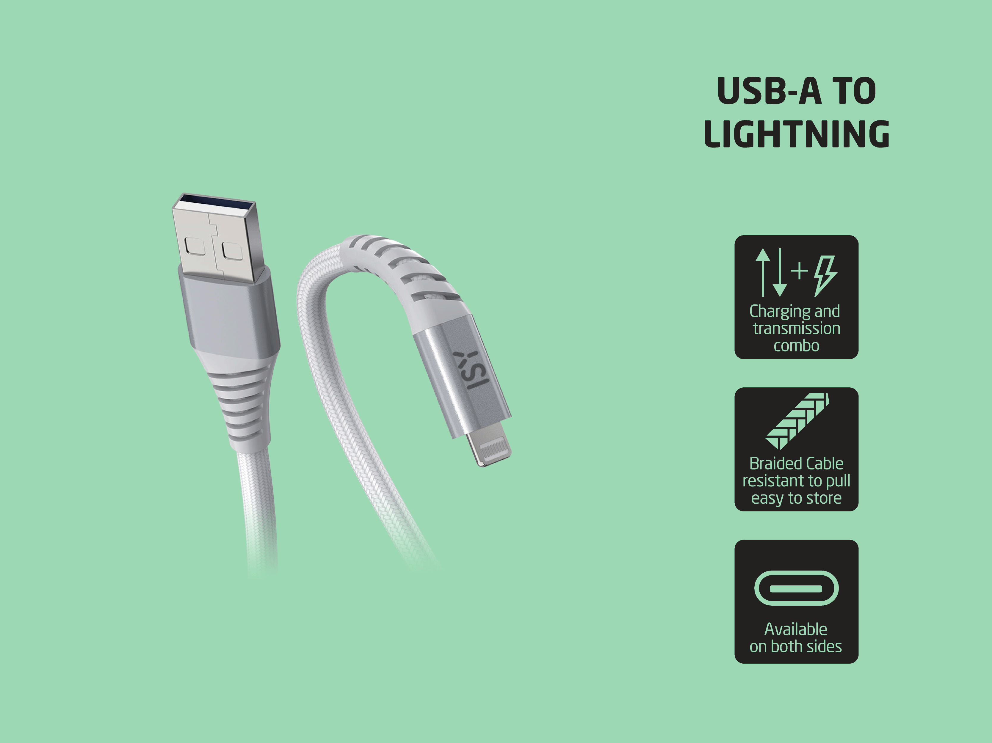 Ein USB-A-zu-Lightning-Kabel mit grauer Ummantelung vor grünem Hintergrund und Infografiken.