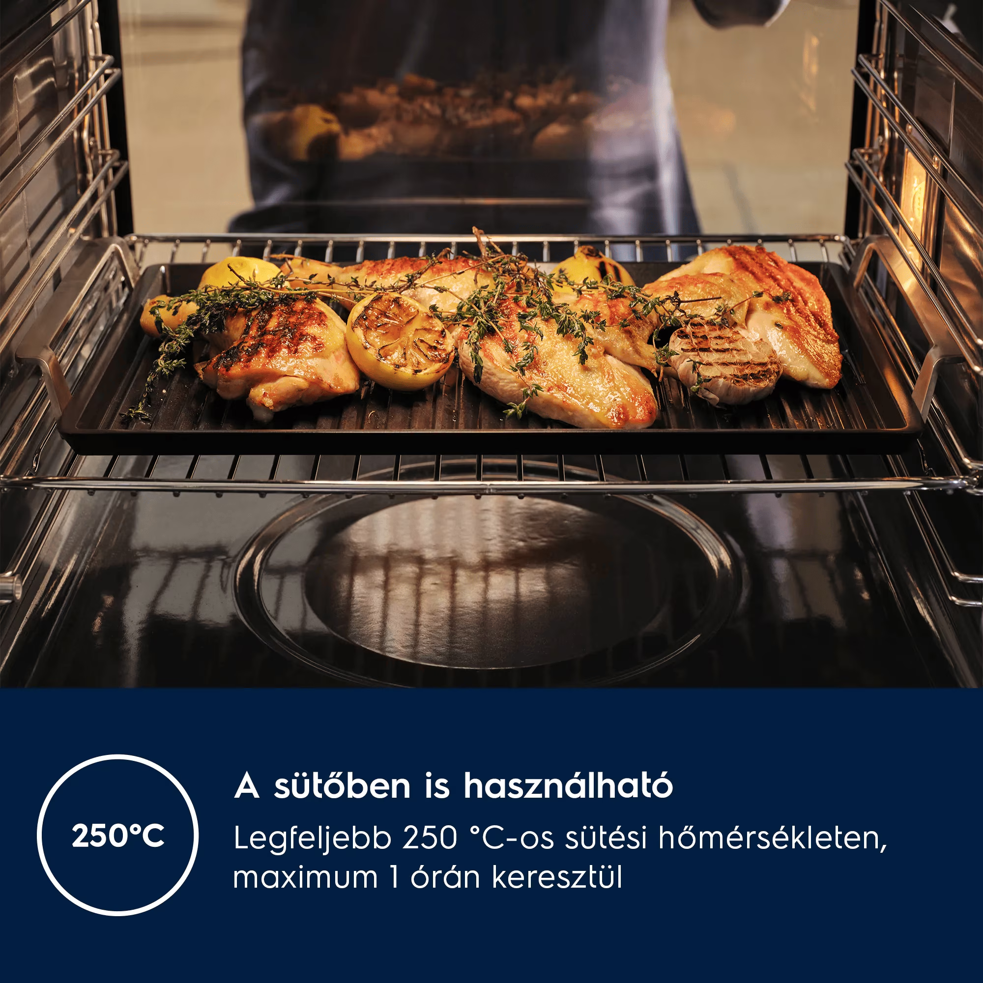 Sült csirke citrommal és fűszernövényekkel egy tálcán a sütőben, alul szöveggel.