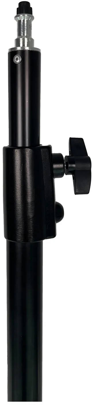 Fixation de trépied de caméra noire avec pointe argentée et bouton de réglage sur fond blanc.