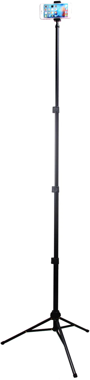 Un grand trépied noir maintient un smartphone en haut sur fond blanc.