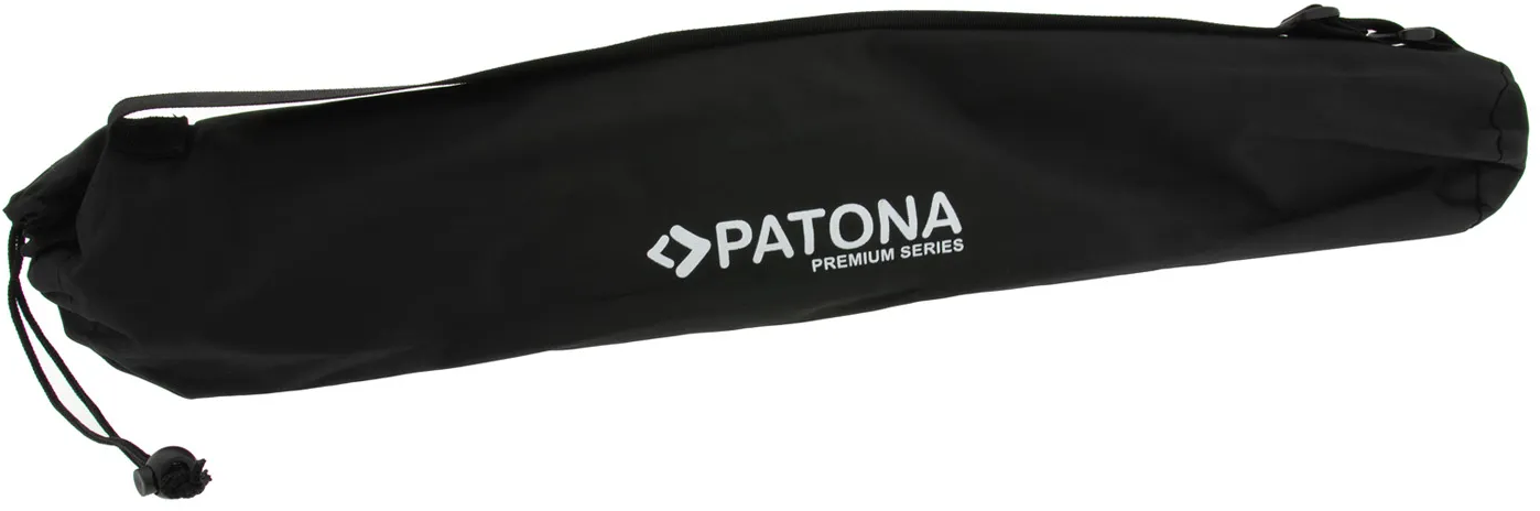 Sac de transport noir cylindrique Patona Premium Series avec cordon sur fond blanc.