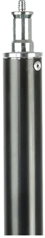 Une tige métallique noire cylindrique avec une tête en métal argenté et une vis filetée sur le dessus.
