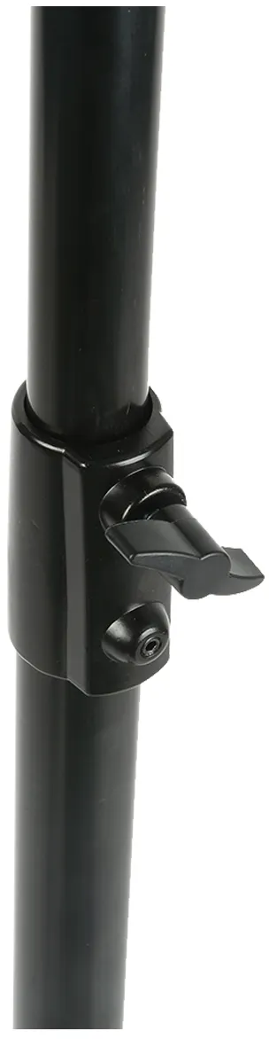 Tube de trépied noir avec un bouton de réglage et une vis pour ajuster la hauteur.
