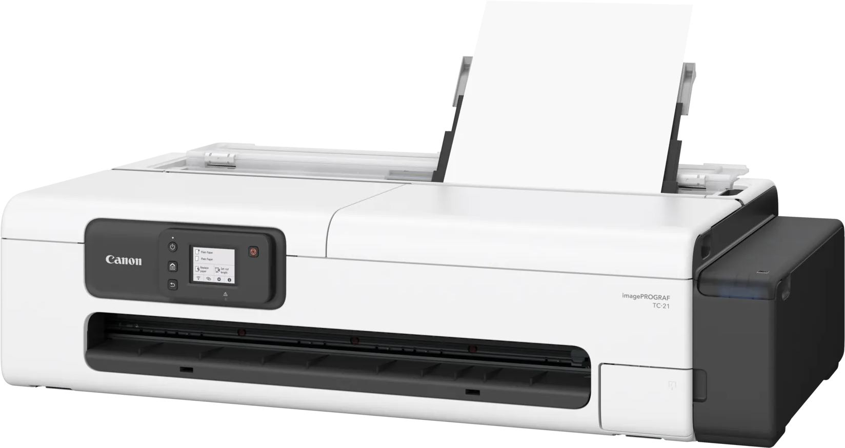 Ein weißer Canon imagePROGRAF TC-21 Drucker mit eingelegtem Papier auf schwarzem Hintergrund.