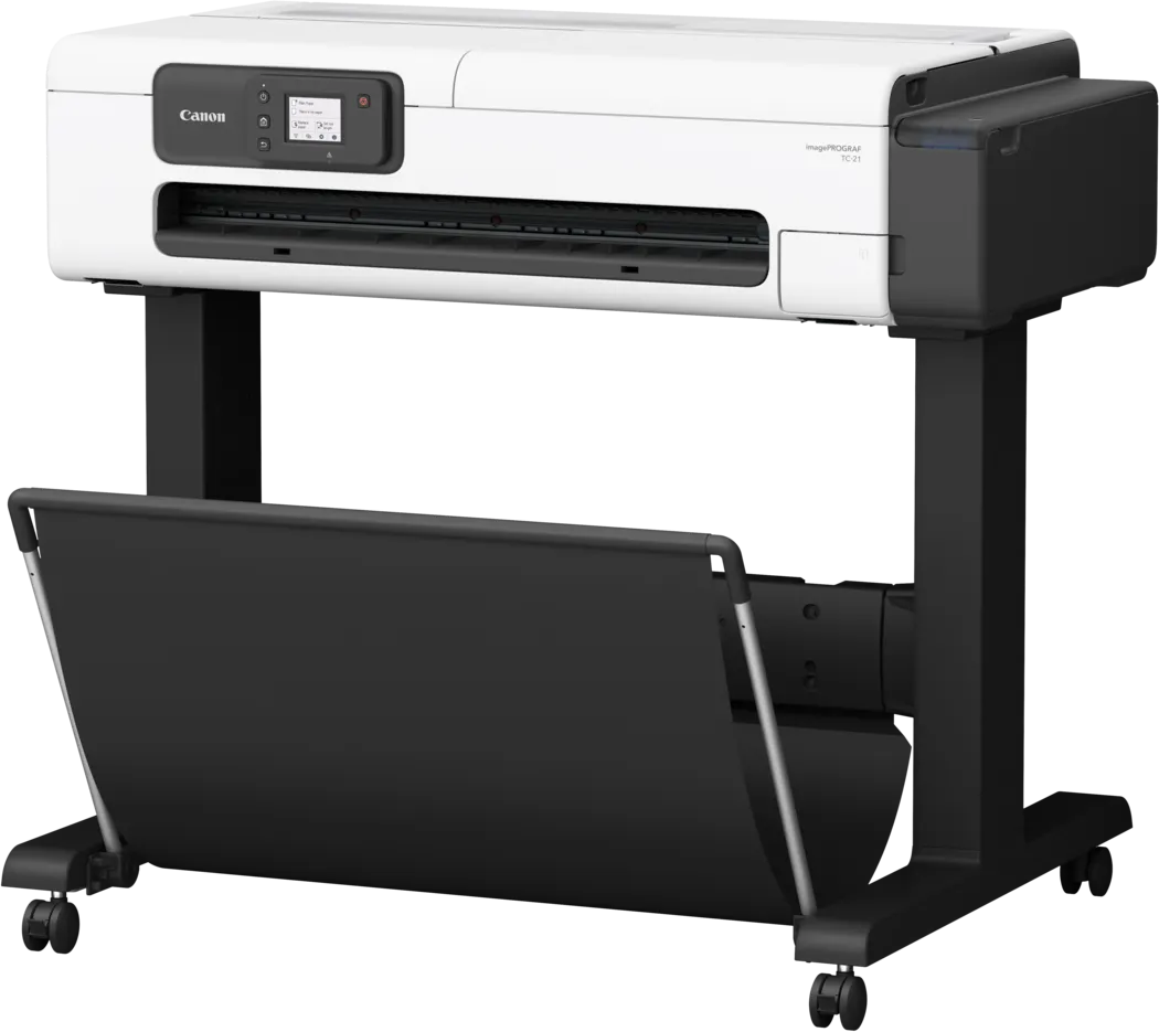 Ein weiß-schwarzer Canon imagePROGRAF Drucker steht auf einem fahrbaren Untergestell mit Papierkorb.