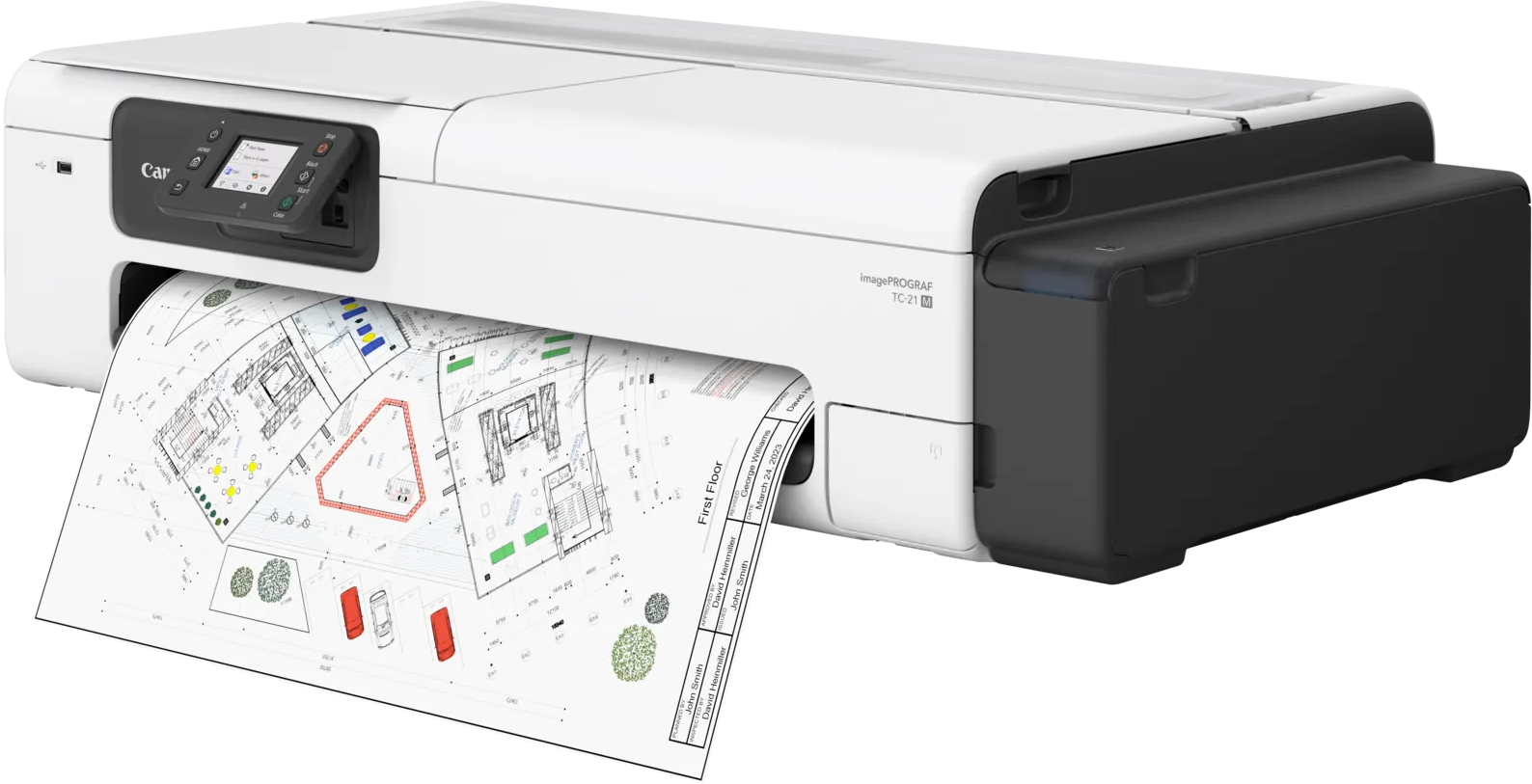 Ein weißer Canon-Plotter druckt eine detaillierte Architekturzeichnung aus.