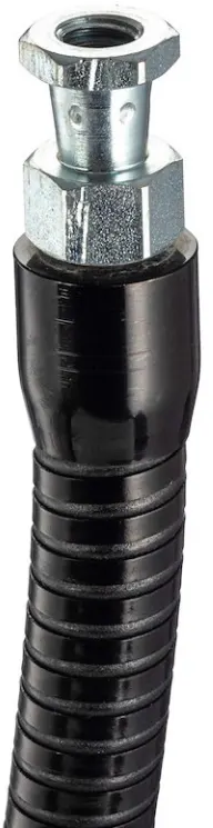 Un tubo corrugato nero con raccordi metallici sulla parte superiore su sfondo bianco.